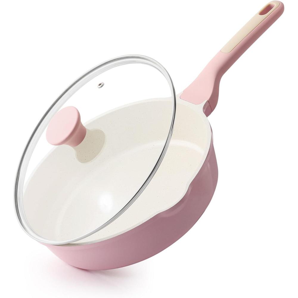 imageSENSARTE Nonstick Ceramic Saute Pan 12Inch 5QT Nontoxic Deep Frying Pan Skillet with Lid Healthy No Teflon Cookware Stay Cool Handle Induction Compatible PFAS FreeSakura Pink