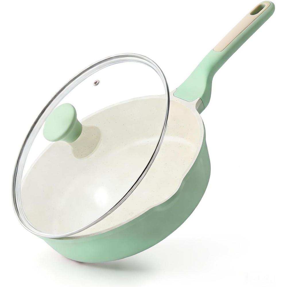 imageSENSARTE Nonstick Ceramic Saute Pan 12Inch 5QT Nontoxic Deep Frying Pan Skillet with Lid Healthy No Teflon Cookware Stay Cool Handle Induction Compatible PFAS FreeMint Green