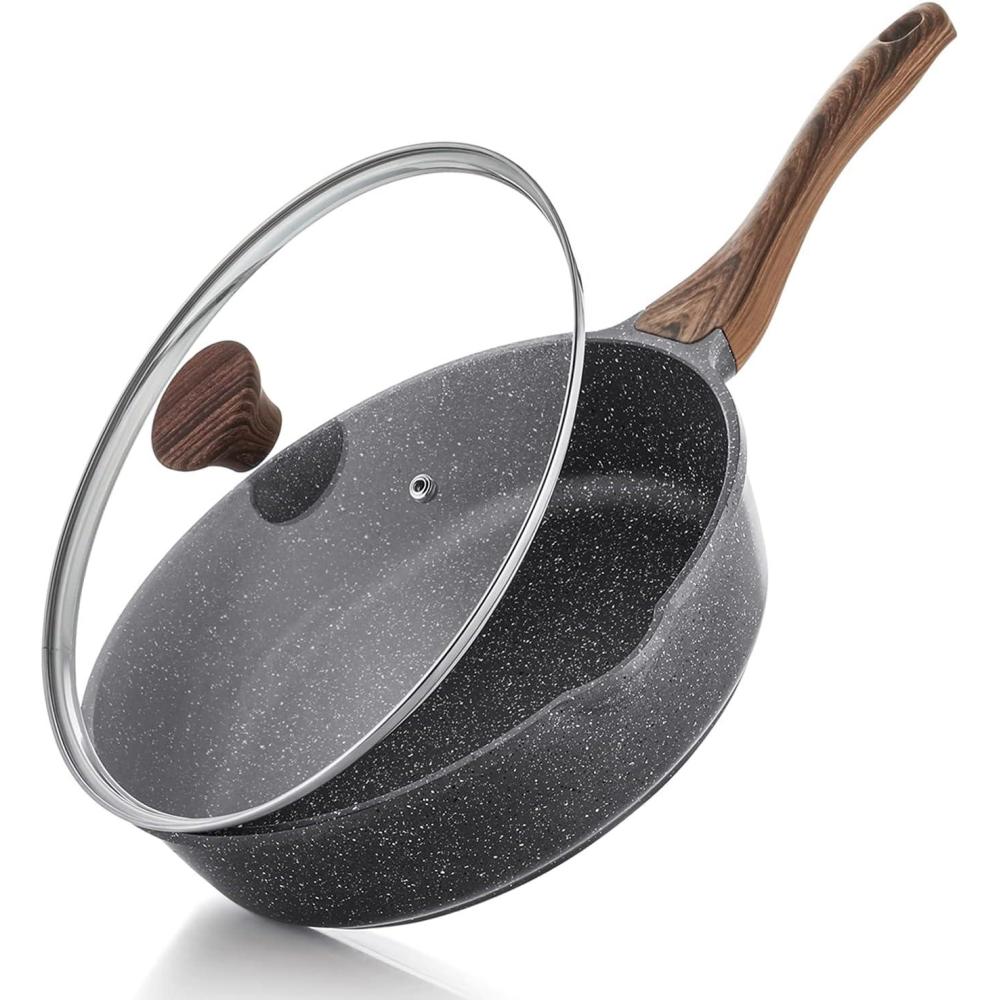 imageSENSARTE Nonstick Ceramic Saute Pan 12Inch 5QT Nontoxic Deep Frying Pan Skillet with Lid Healthy No Teflon Cookware Stay Cool Handle Induction Compatible PFAS FreeGray