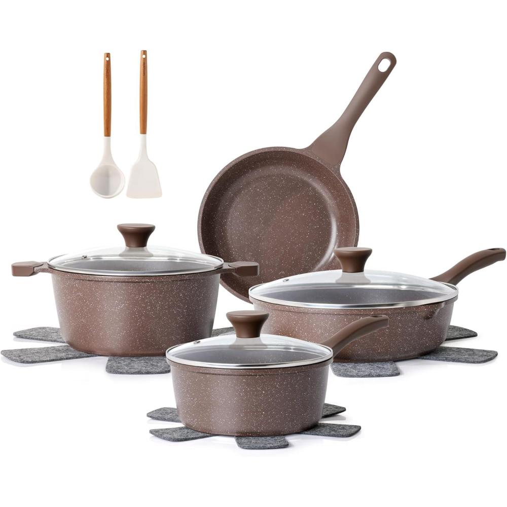 imageSENSARTE Nonstick Cookware Set 13Piece Healthy Pots and Pans Set Kitchen Cooking Set with StayCool Handles Silicone Utensils and Pot Protectors PFOA FreeToffee Brown