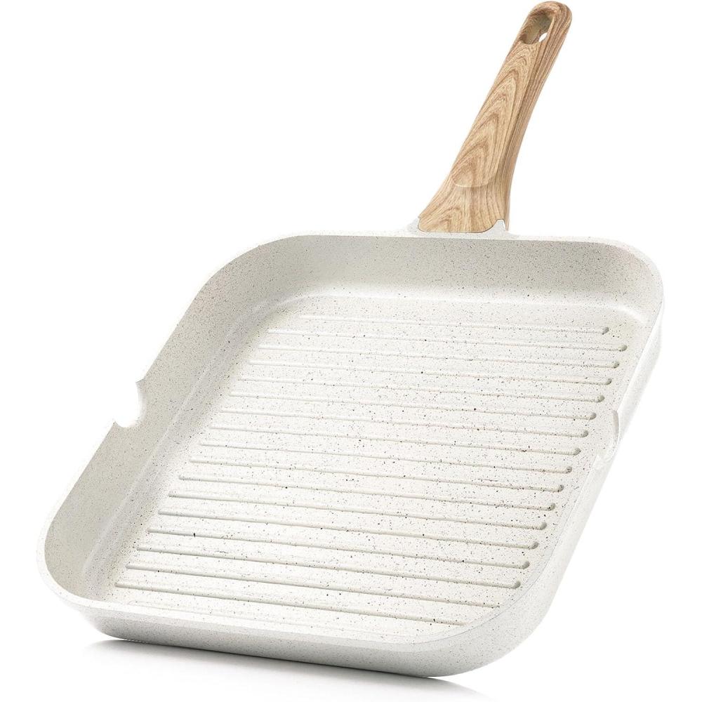 imageSENSARTE Nonstick Grill Pan for Stove Tops Versatile Griddle with Pour Spouts Square Big Cooking Surface Durable Skillet Indoor ampamp Outdoor Grilling PFOA Free12InchWhite Ceramic