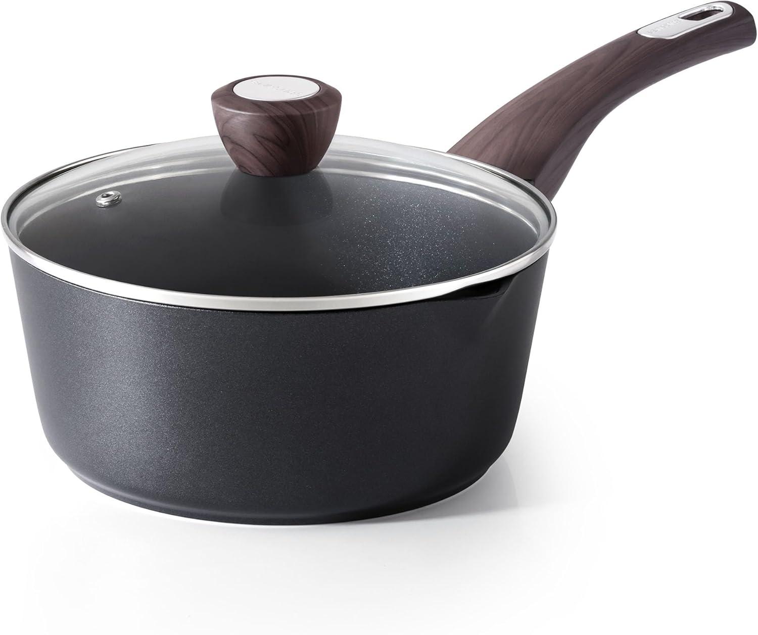imageSENSARTE Ceramic Nonstick Sauce Pan with Lid 15 Quart Small Saucepan White Cooking Pot with Stay Cool Handle Non toxic Kitchen Sauce Pot Non stick Saucier Pan Induction Pot PFOA PTFE PFAS FreeClassic Black