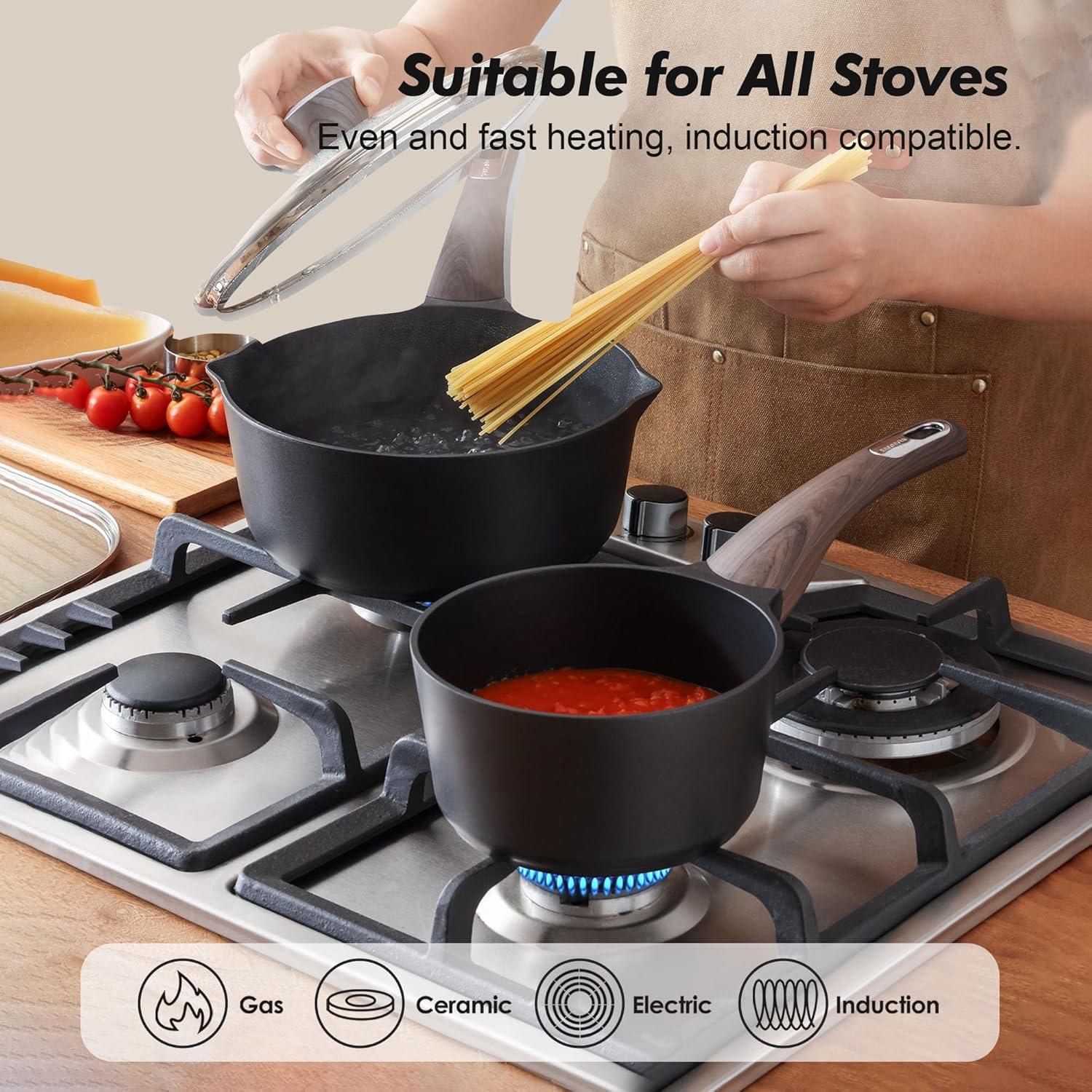imageSENSARTE Ceramic Nonstick Sauce Pan with Lid 15 Quart Small Saucepan White Cooking Pot with Stay Cool Handle Non toxic Kitchen Sauce Pot Non stick Saucier Pan Induction Pot PFOA PTFE PFAS FreeClassic Black