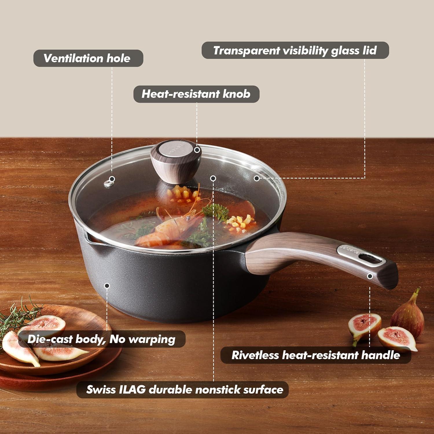imageSENSARTE Ceramic Nonstick Sauce Pan with Lid 15 Quart Small Saucepan White Cooking Pot with Stay Cool Handle Non toxic Kitchen Sauce Pot Non stick Saucier Pan Induction Pot PFOA PTFE PFAS FreeClassic Black
