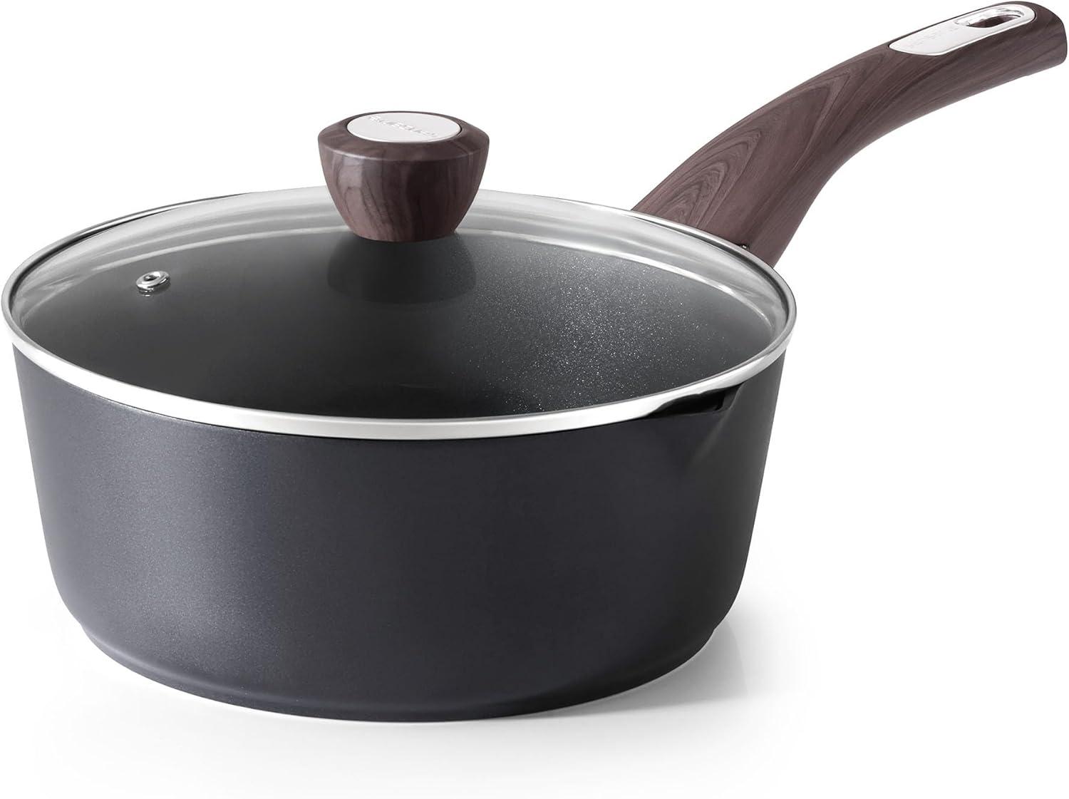 imageSENSARTE Ceramic Nonstick Sauce Pan with Lid 15 Quart Small Saucepan White Cooking Pot with Stay Cool Handle Non toxic Kitchen Sauce Pot Non stick Saucier Pan Induction Pot PFOA PTFE PFAS FreeClassic Black