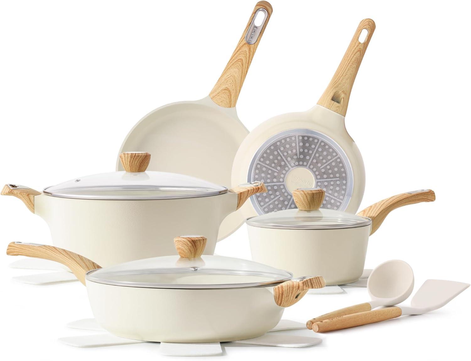 imageSENSARTE Pots and Pans Set Non stick Non toxic Healthy Induction Cookware Sets 14 Pcs Non Stick Kitchen Cooking Set with Frying Pans Set ampamp Saucepan PFOA PFOS Free BlackCeramic White