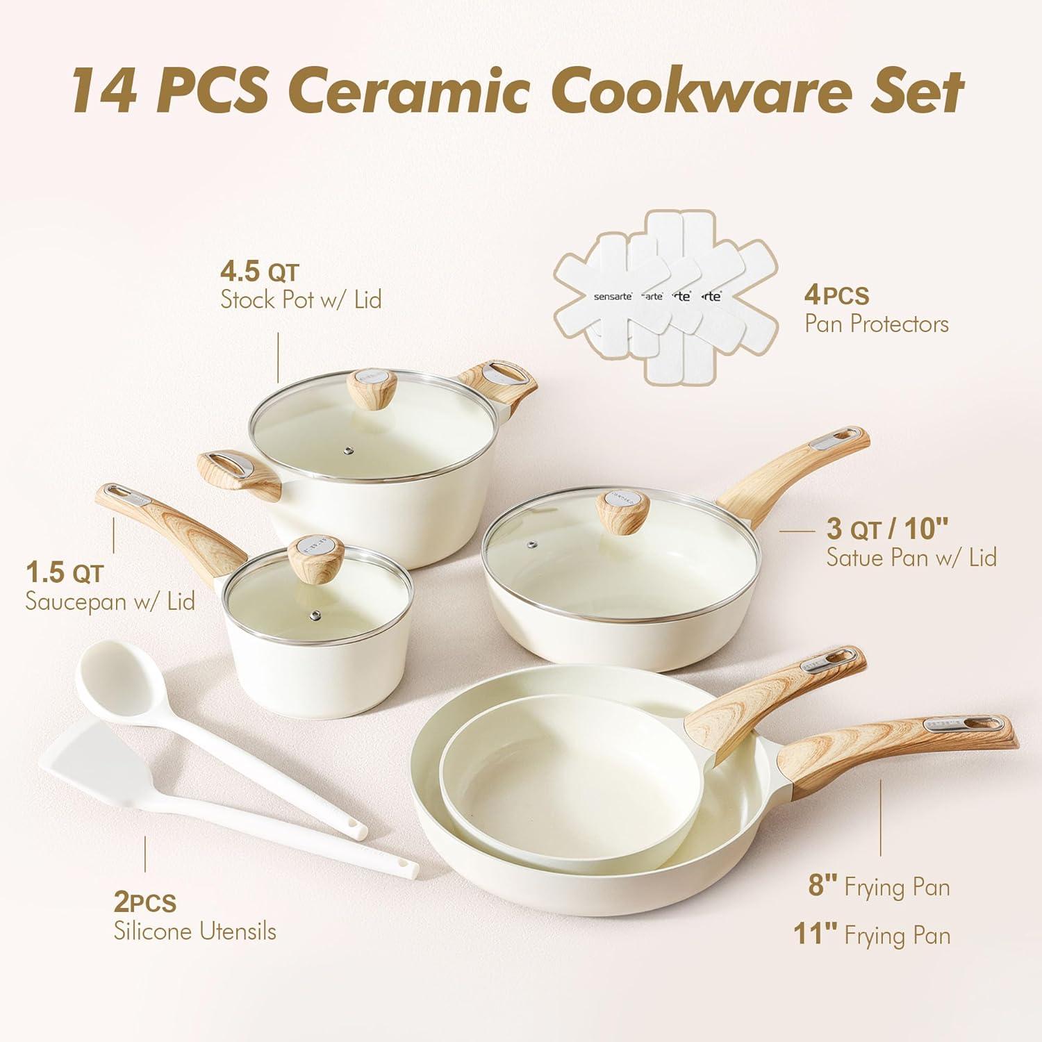 imageSENSARTE Pots and Pans Set Non stick Non toxic Healthy Induction Cookware Sets 14 Pcs Non Stick Kitchen Cooking Set with Frying Pans Set ampamp Saucepan PFOA PFOS Free BlackCeramic White