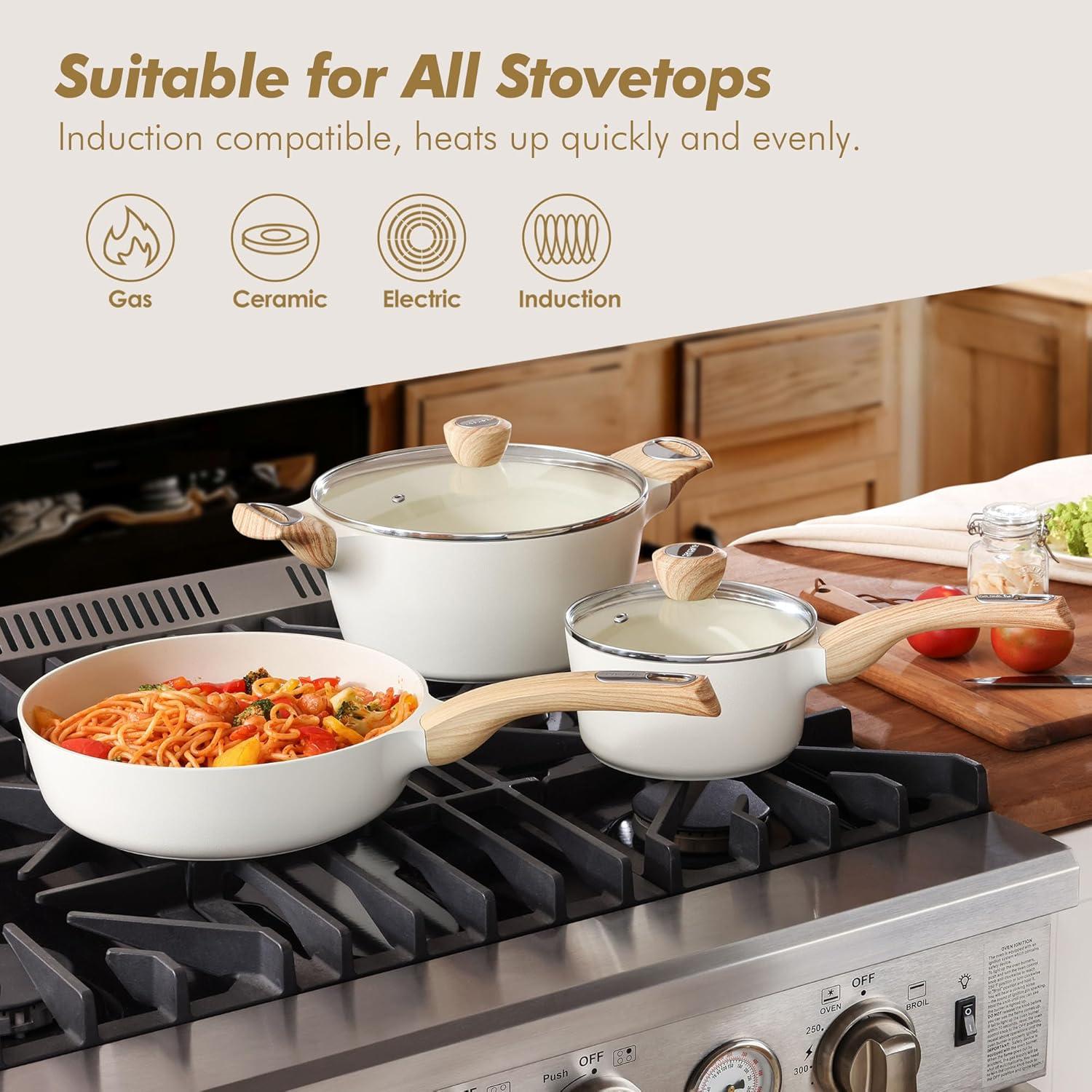 imageSENSARTE Pots and Pans Set Non stick Non toxic Healthy Induction Cookware Sets 14 Pcs Non Stick Kitchen Cooking Set with Frying Pans Set ampamp Saucepan PFOA PFOS Free BlackCeramic White