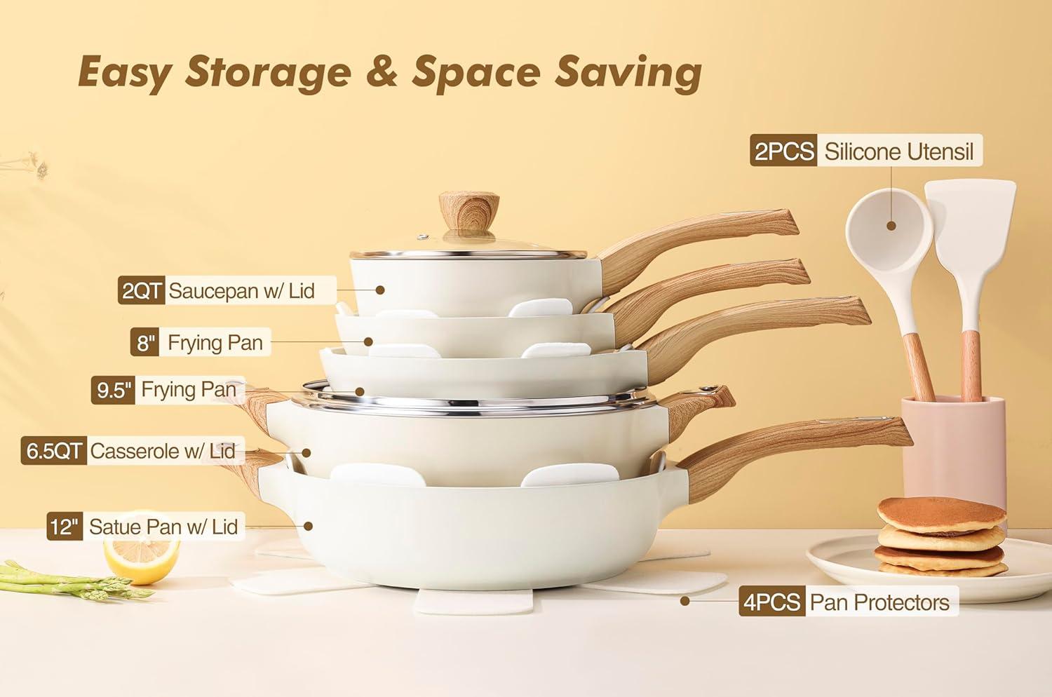 imageSENSARTE Pots and Pans Set Non stick Non toxic Healthy Induction Cookware Sets 14 Pcs Non Stick Kitchen Cooking Set with Frying Pans Set ampamp Saucepan PFOA PFOS Free BlackCeramic White