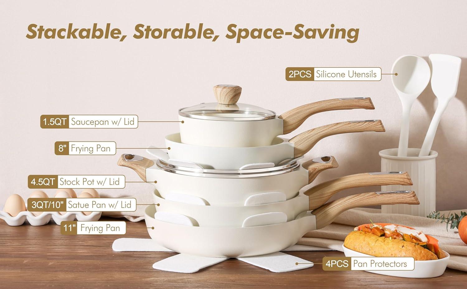 imageSENSARTE Pots and Pans Set Non stick Non toxic Healthy Induction Cookware Sets 14 Pcs Non Stick Kitchen Cooking Set with Frying Pans Set ampamp Saucepan PFOA PFOS Free BlackCeramic White