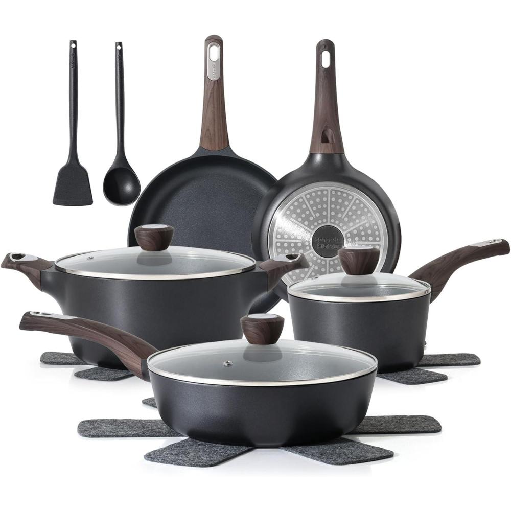 imageSENSARTE Pots and Pans Set Non stick Non toxic Healthy Induction Cookware Sets 14 Pcs Non Stick Kitchen Cooking Set with Frying Pans Set ampamp Saucepan PFOA PFOS Free BlackClassic Black