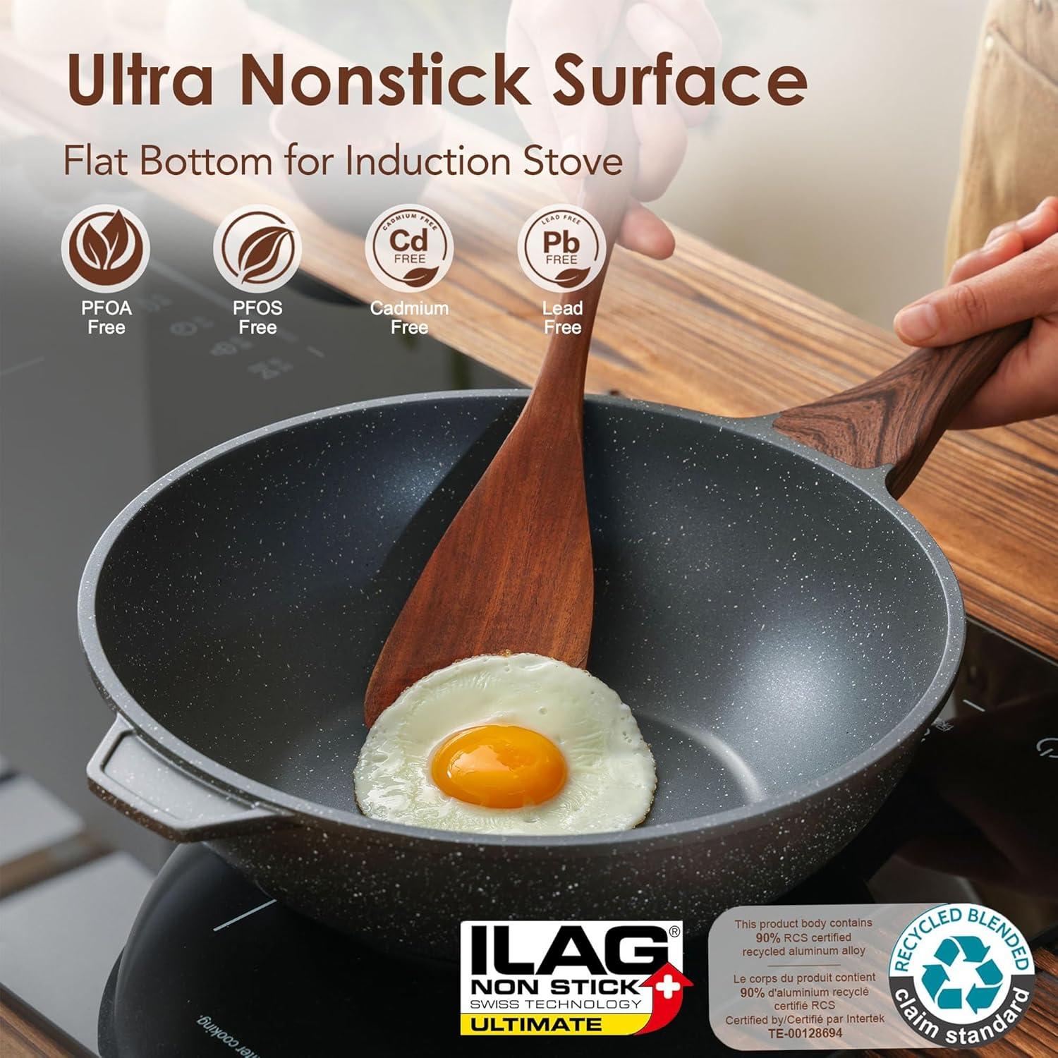imageSENSARTE Ceramic Nonstick Wok with Lid 11 Inch Non toxic Stirfry Pan Induction Cookware for Cooking PFOA FreeGray