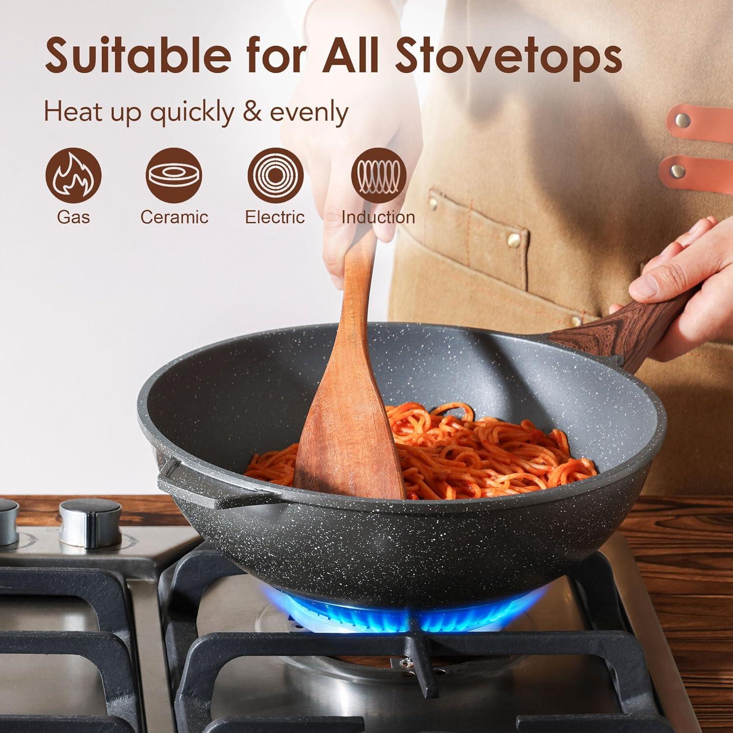 imageSENSARTE Ceramic Nonstick Wok with Lid 11 Inch Non toxic Stirfry Pan Induction Cookware for Cooking PFOA FreeGray