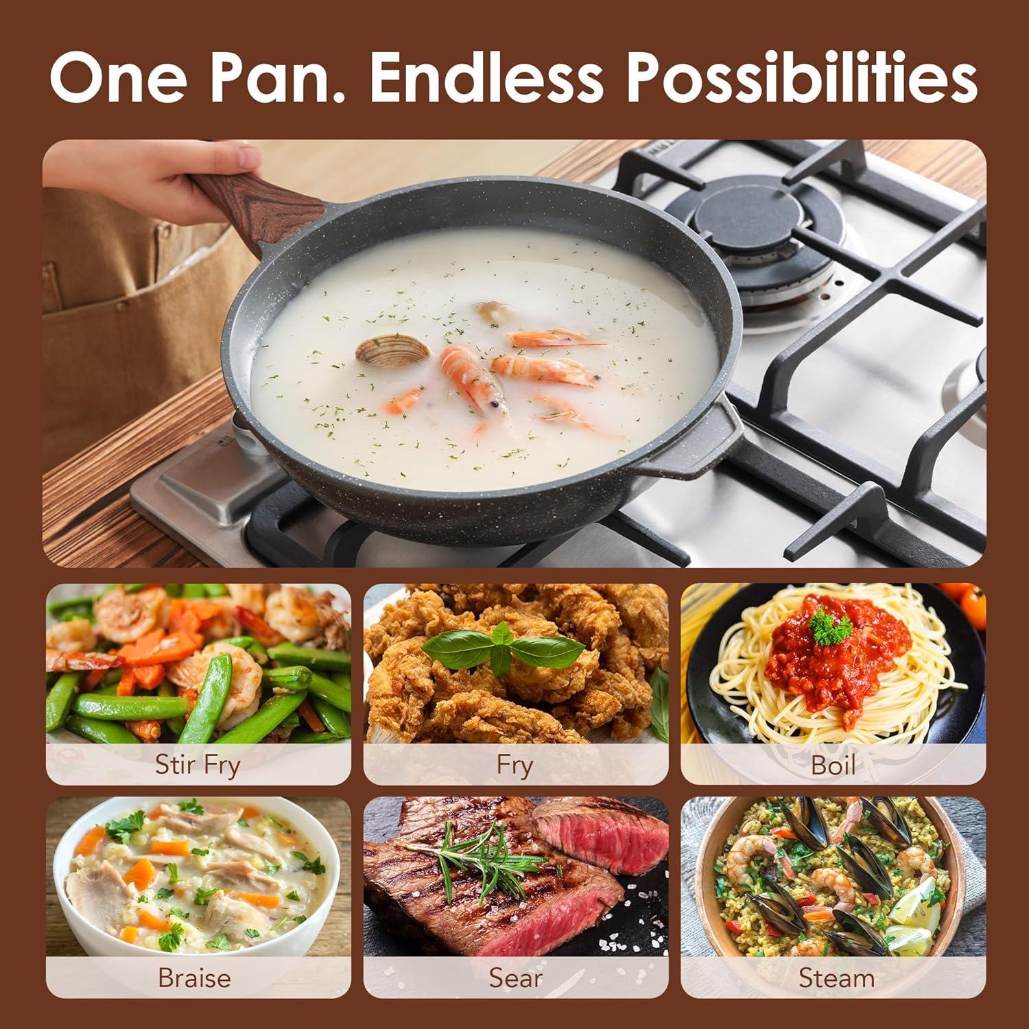 imageSENSARTE Ceramic Nonstick Wok with Lid 11 Inch Non toxic Stirfry Pan Induction Cookware for Cooking PFOA FreeGray