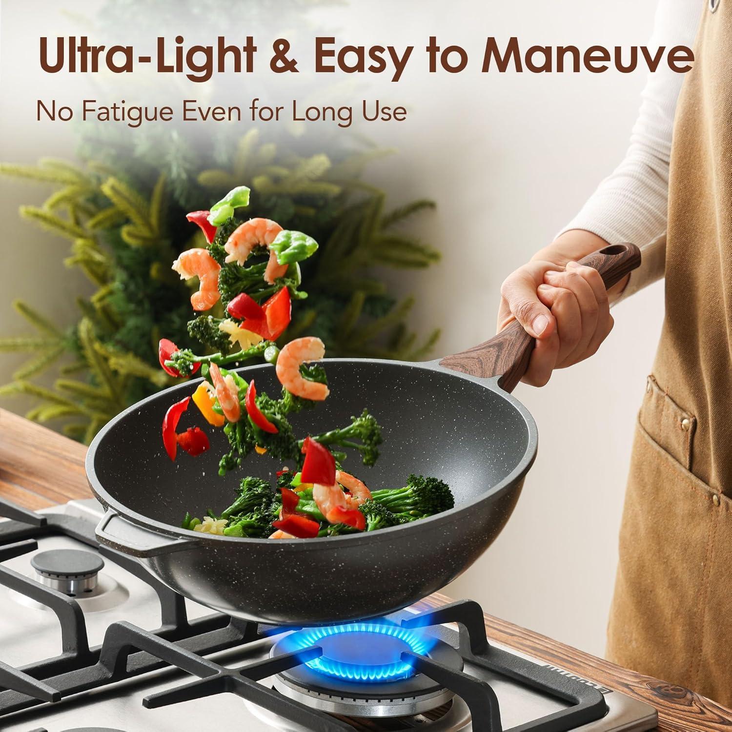 imageSENSARTE Ceramic Nonstick Wok with Lid 11 Inch Non toxic Stirfry Pan Induction Cookware for Cooking PFOA FreeGray