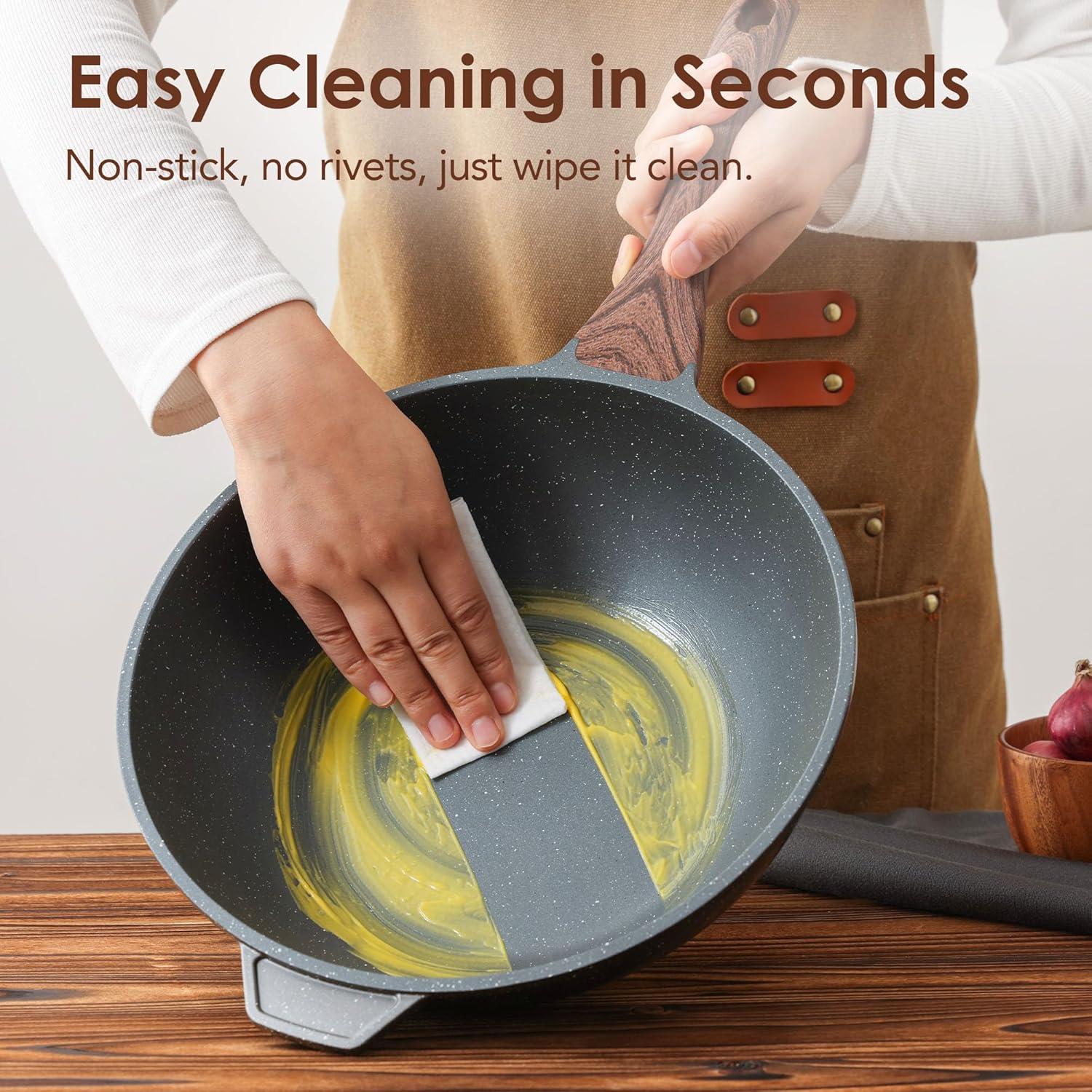 imageSENSARTE Ceramic Nonstick Wok with Lid 11 Inch Non toxic Stirfry Pan Induction Cookware for Cooking PFOA FreeGray