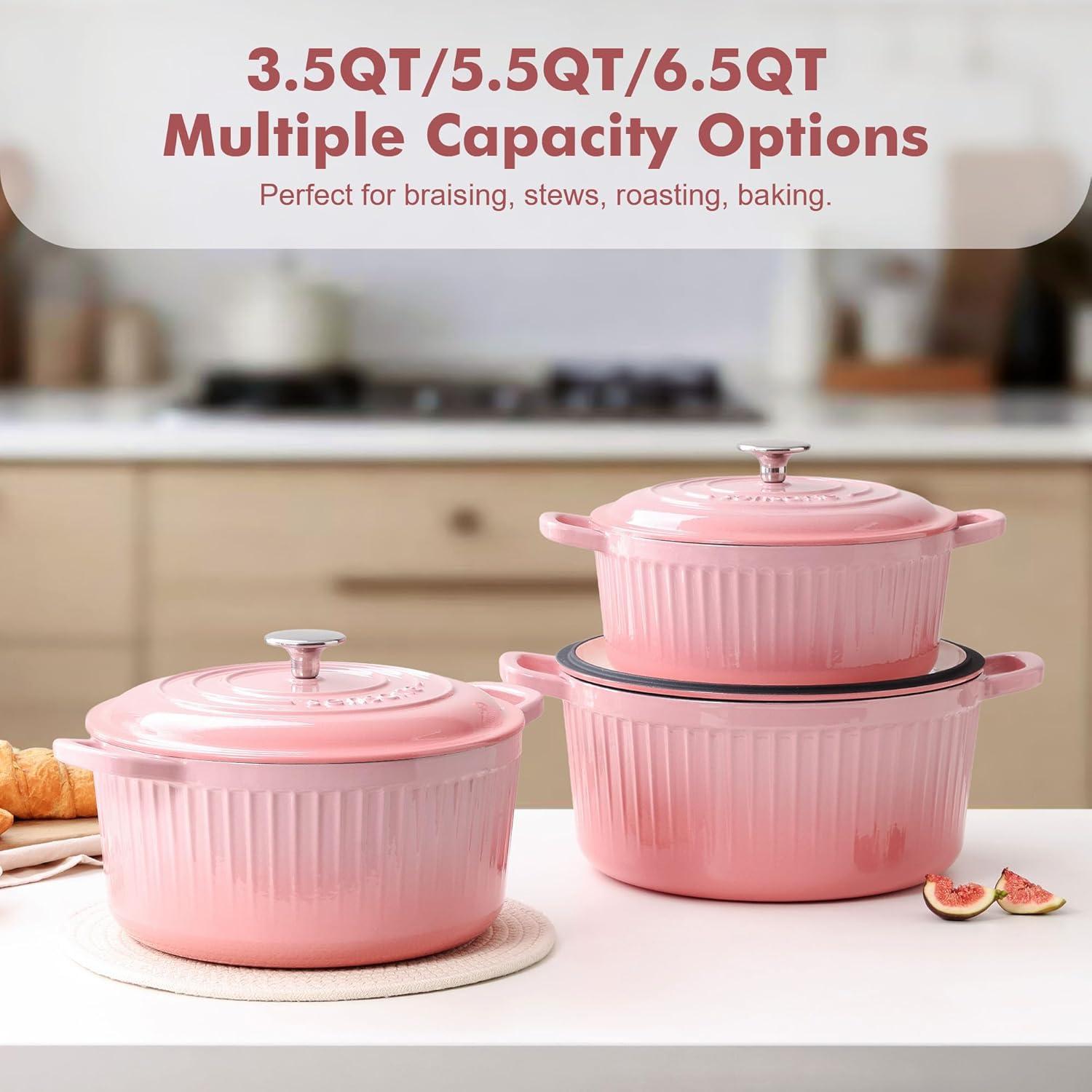 imageSENSARTE Enameled Cast Iron Dutch Oven Pot with Lid 35 Quart HeavyDuty Round Dual Handles Kitchen Pot with Cotton Potholders amp Silicone Trivet Pot for Bread Baking Stews Braising Roasting Oven Safe up to 500F WhiteCoral Pink