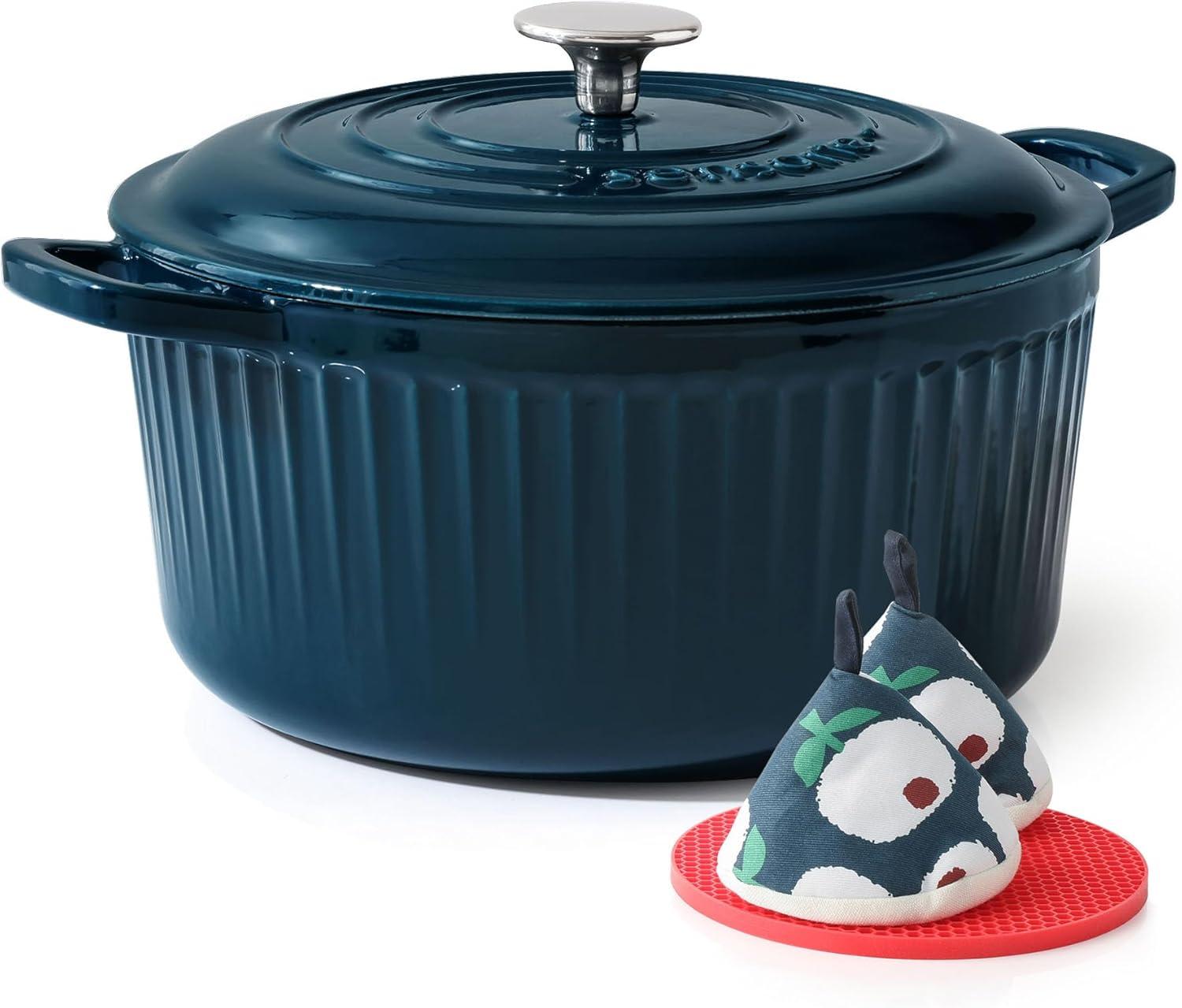 imageSENSARTE Enameled Cast Iron Dutch Oven Pot with Lid 35 Quart HeavyDuty Round Dual Handles Kitchen Pot with Cotton Potholders amp Silicone Trivet Pot for Bread Baking Stews Braising Roasting Oven Safe up to 500F WhiteEmerald Green