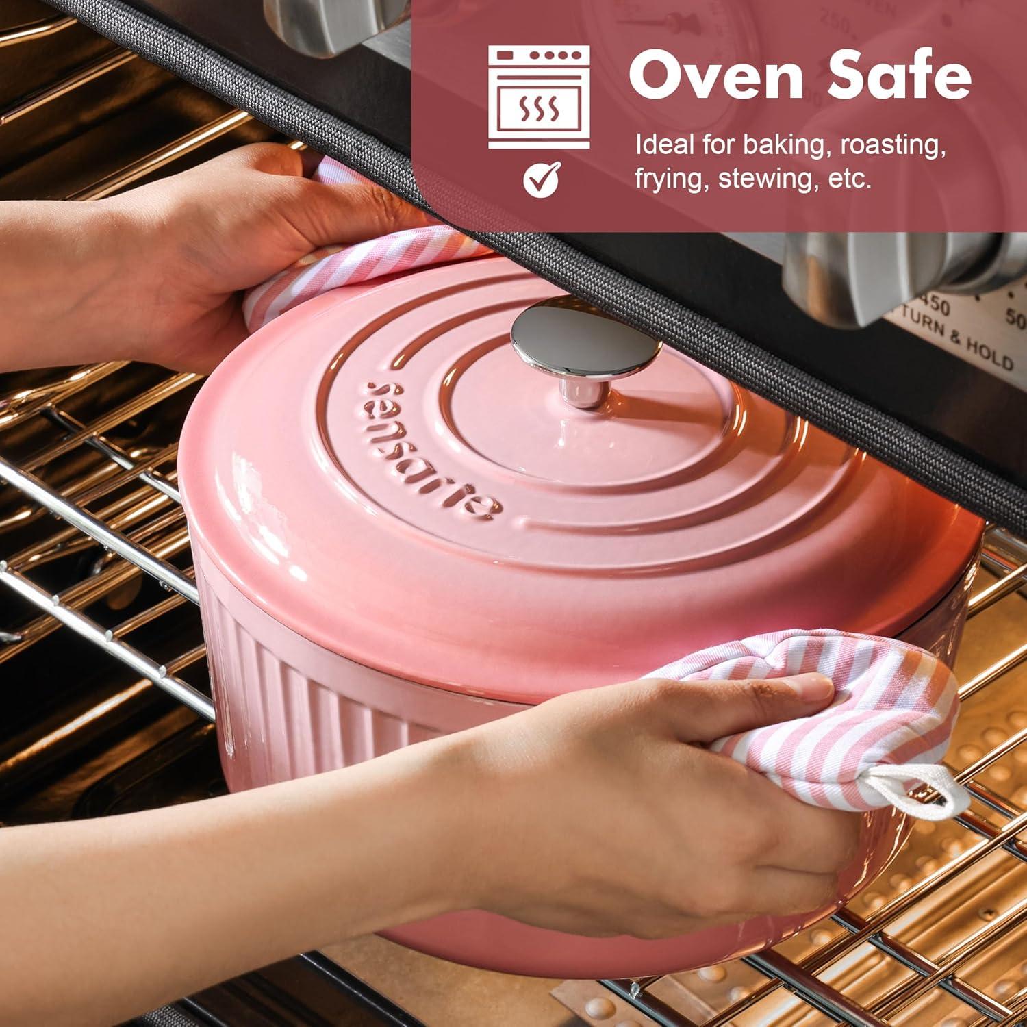 imageSENSARTE Enameled Cast Iron Dutch Oven Pot with Lid 35 Quart HeavyDuty Round Dual Handles Kitchen Pot with Cotton Potholders amp Silicone Trivet Pot for Bread Baking Stews Braising Roasting Oven Safe up to 500F WhiteCoral Pink