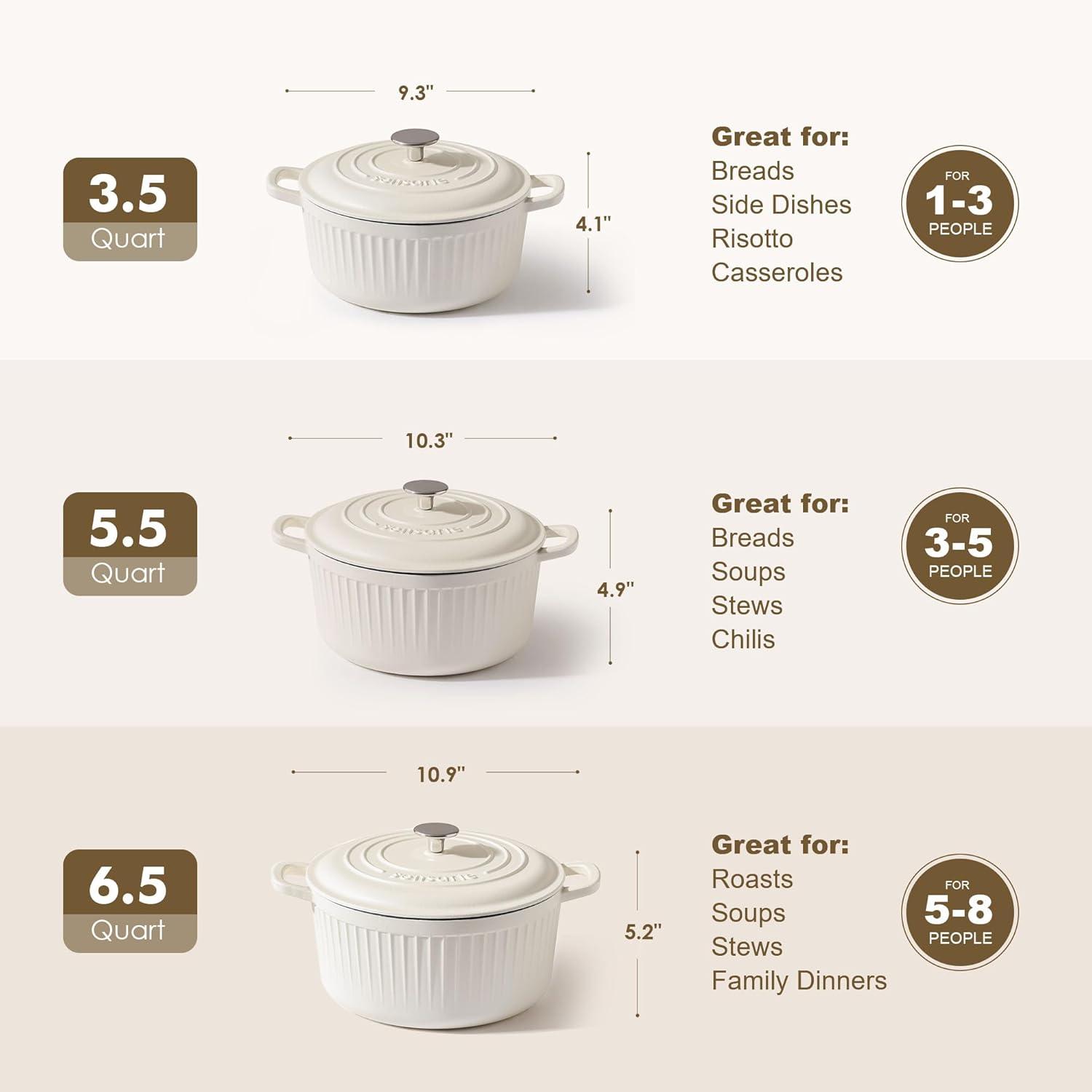 imageSENSARTE Enameled Cast Iron Dutch Oven Pot with Lid 35 Quart HeavyDuty Round Dual Handles Kitchen Pot with Cotton Potholders amp Silicone Trivet Pot for Bread Baking Stews Braising Roasting Oven Safe up to 500F WhiteMoonlight White