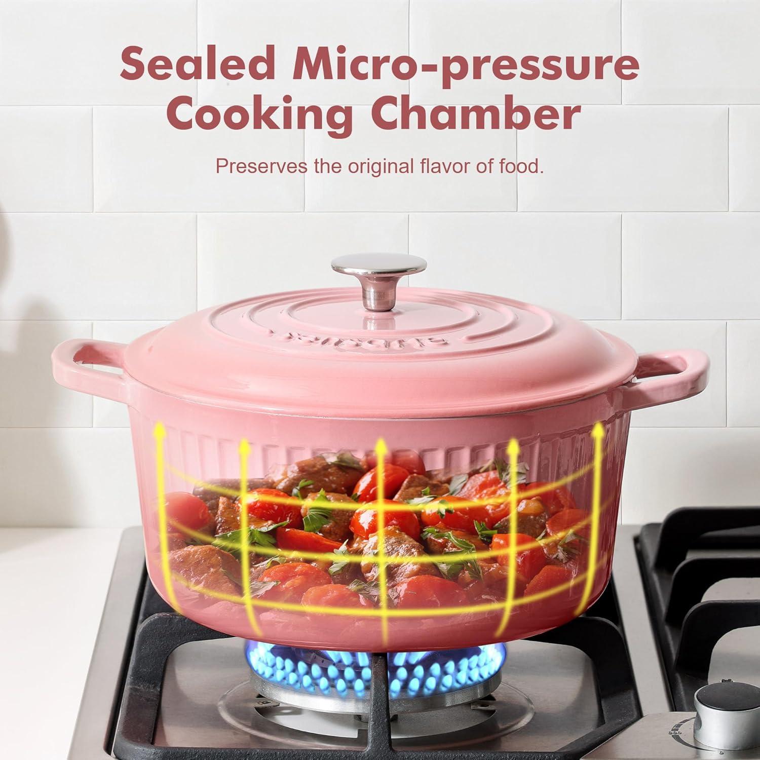 imageSENSARTE Enameled Cast Iron Dutch Oven Pot with Lid 35 Quart HeavyDuty Round Dual Handles Kitchen Pot with Cotton Potholders amp Silicone Trivet Pot for Bread Baking Stews Braising Roasting Oven Safe up to 500F WhiteCoral Pink