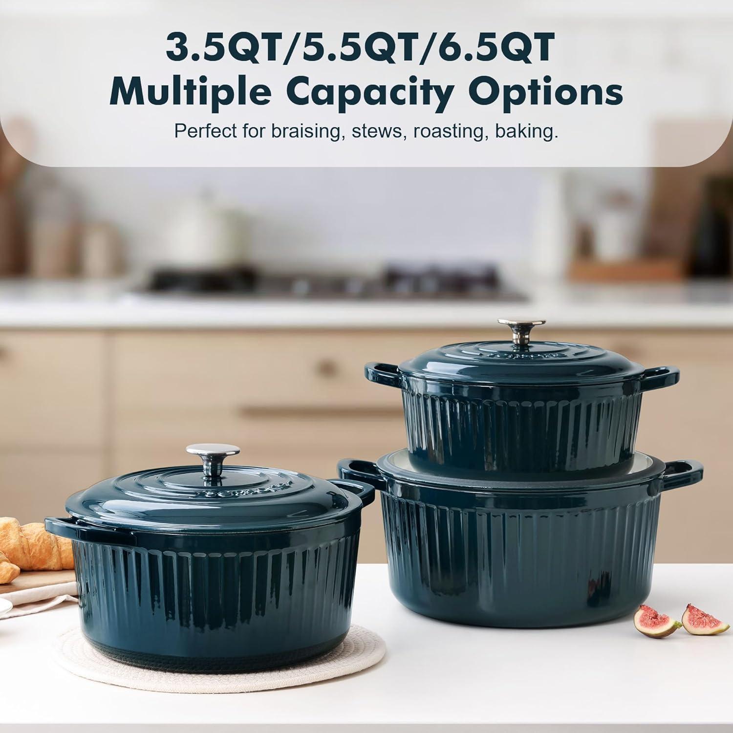 imageSENSARTE Enameled Cast Iron Dutch Oven Pot with Lid 35 Quart HeavyDuty Round Dual Handles Kitchen Pot with Cotton Potholders amp Silicone Trivet Pot for Bread Baking Stews Braising Roasting Oven Safe up to 500F WhiteEmerald Green