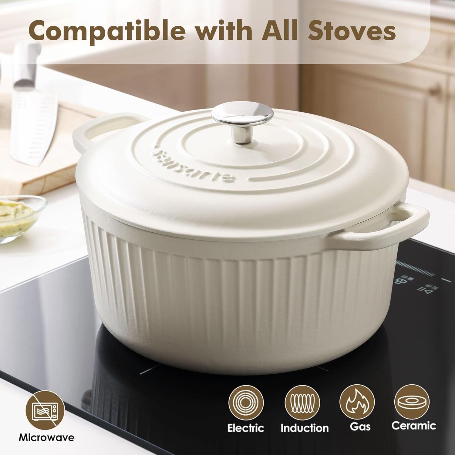 imageSENSARTE Enameled Cast Iron Dutch Oven Pot with Lid 35 Quart HeavyDuty Round Dual Handles Kitchen Pot with Cotton Potholders amp Silicone Trivet Pot for Bread Baking Stews Braising Roasting Oven Safe up to 500F WhiteMoonlight White