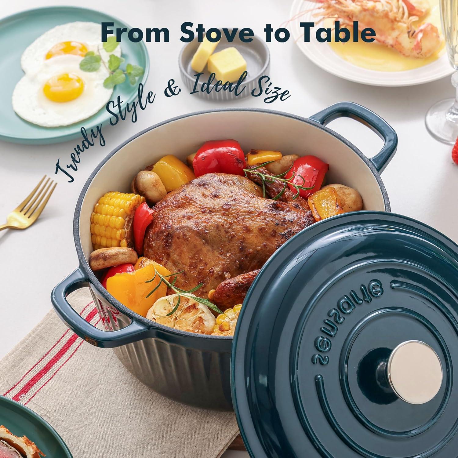 imageSENSARTE Enameled Cast Iron Dutch Oven Pot with Lid 35 Quart HeavyDuty Round Dual Handles Kitchen Pot with Cotton Potholders amp Silicone Trivet Pot for Bread Baking Stews Braising Roasting Oven Safe up to 500F WhiteEmerald Green