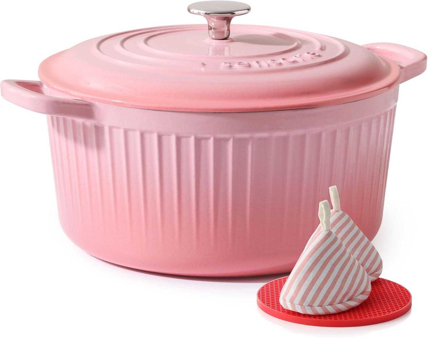 imageSENSARTE Enameled Cast Iron Dutch Oven Pot with Lid 35 Quart HeavyDuty Round Dual Handles Kitchen Pot with Cotton Potholders amp Silicone Trivet Pot for Bread Baking Stews Braising Roasting Oven Safe up to 500F WhiteCoral Pink