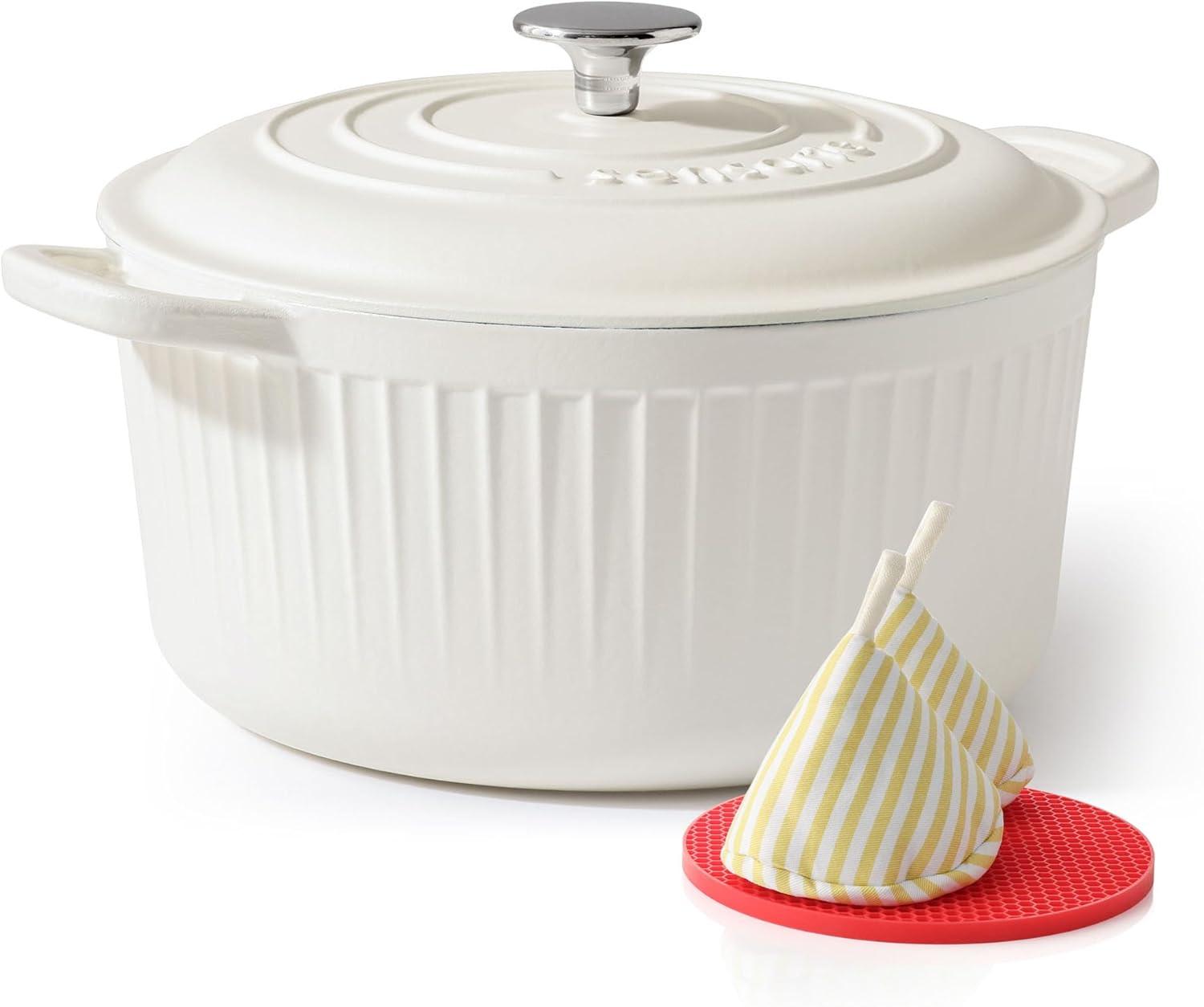 imageSENSARTE Enameled Cast Iron Dutch Oven Pot with Lid 35 Quart HeavyDuty Round Dual Handles Kitchen Pot with Cotton Potholders amp Silicone Trivet Pot for Bread Baking Stews Braising Roasting Oven Safe up to 500F WhiteMoonlight White