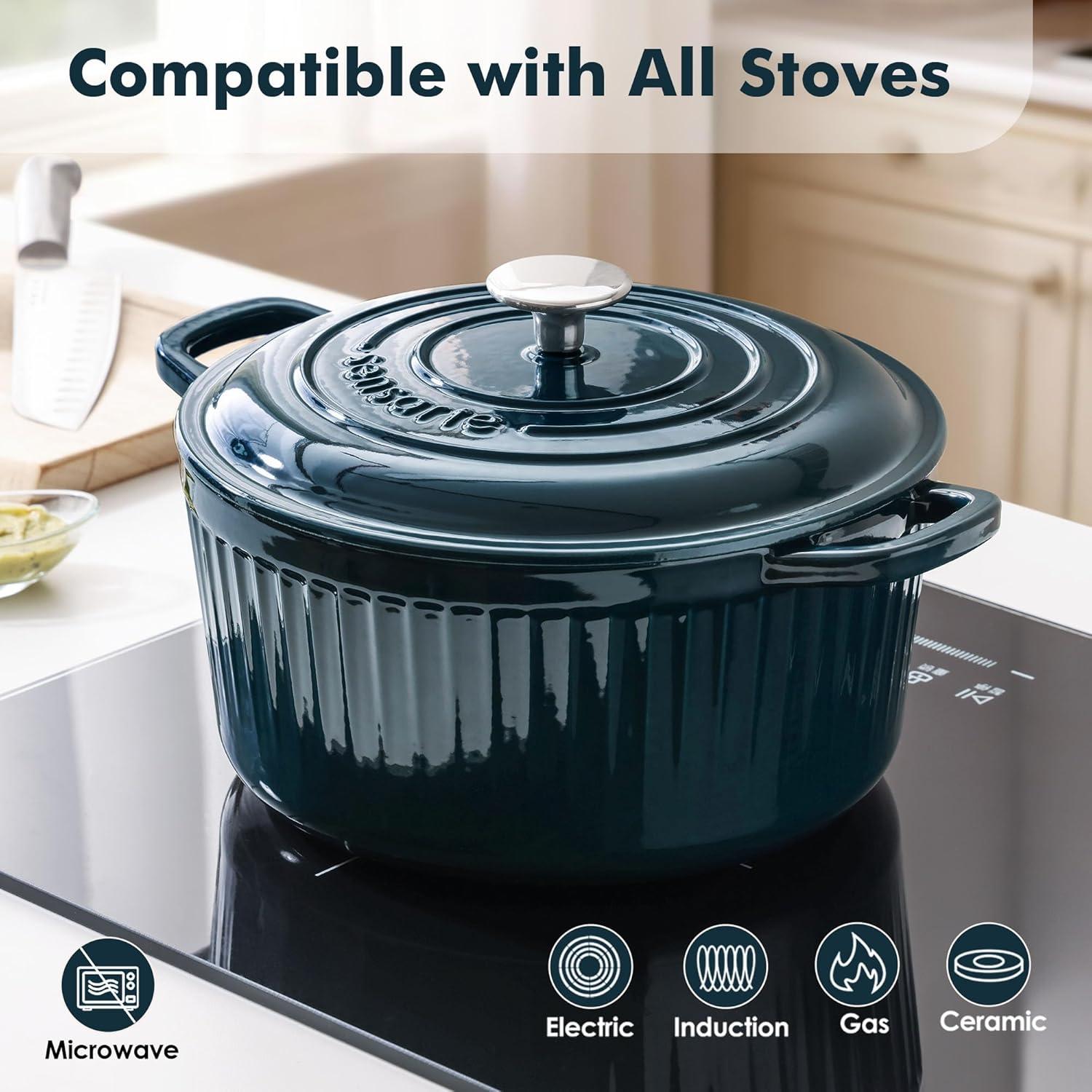 imageSENSARTE Enameled Cast Iron Dutch Oven Pot with Lid 35 Quart HeavyDuty Round Dual Handles Kitchen Pot with Cotton Potholders amp Silicone Trivet Pot for Bread Baking Stews Braising Roasting Oven Safe up to 500F WhiteEmerald Green