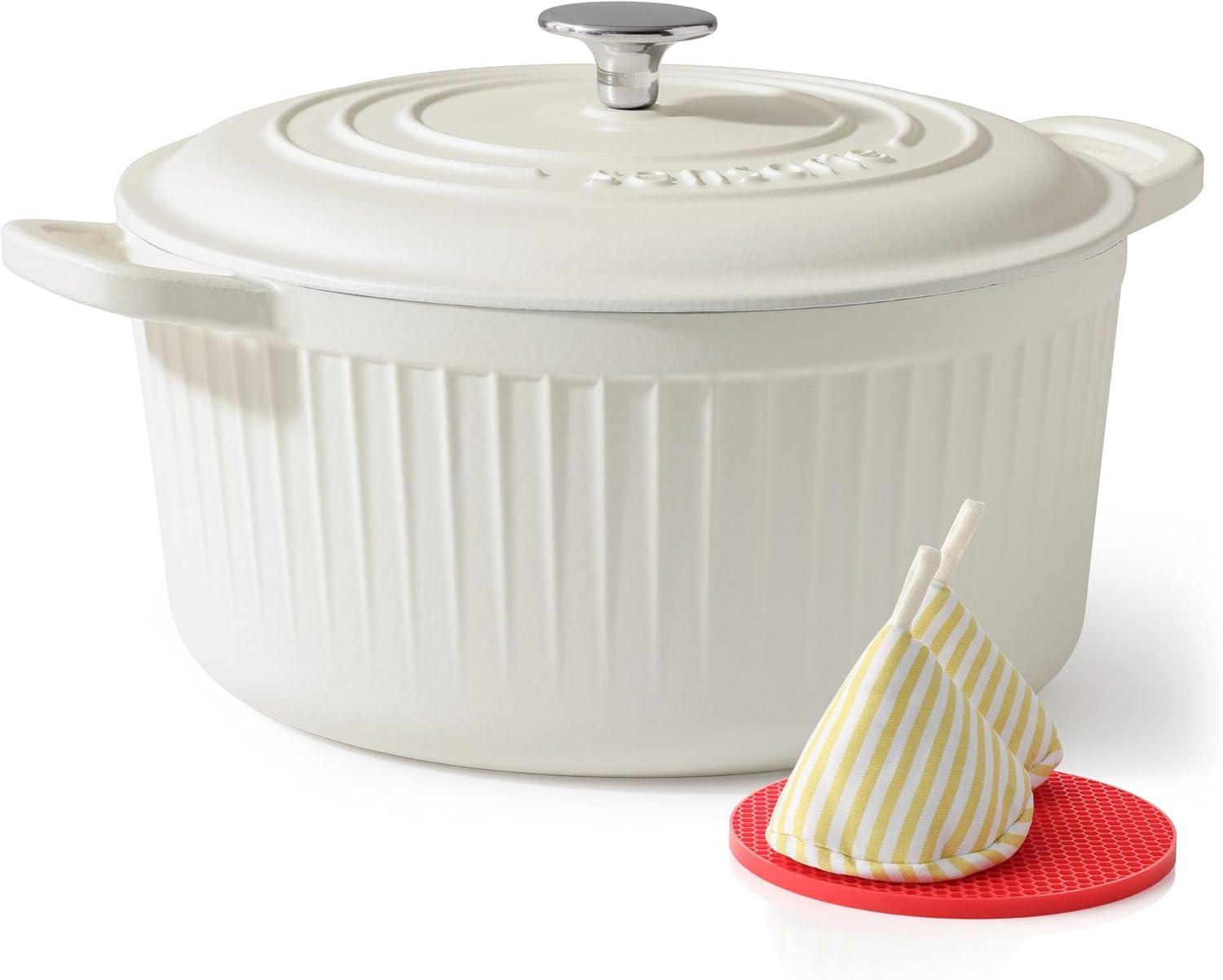 imageSENSARTE Enameled Cast Iron Dutch Oven Pot with Lid 35 Quart HeavyDuty Round Dual Handles Kitchen Pot with Cotton Potholders amp Silicone Trivet Pot for Bread Baking Stews Braising Roasting Oven Safe up to 500F WhiteMoonlight White