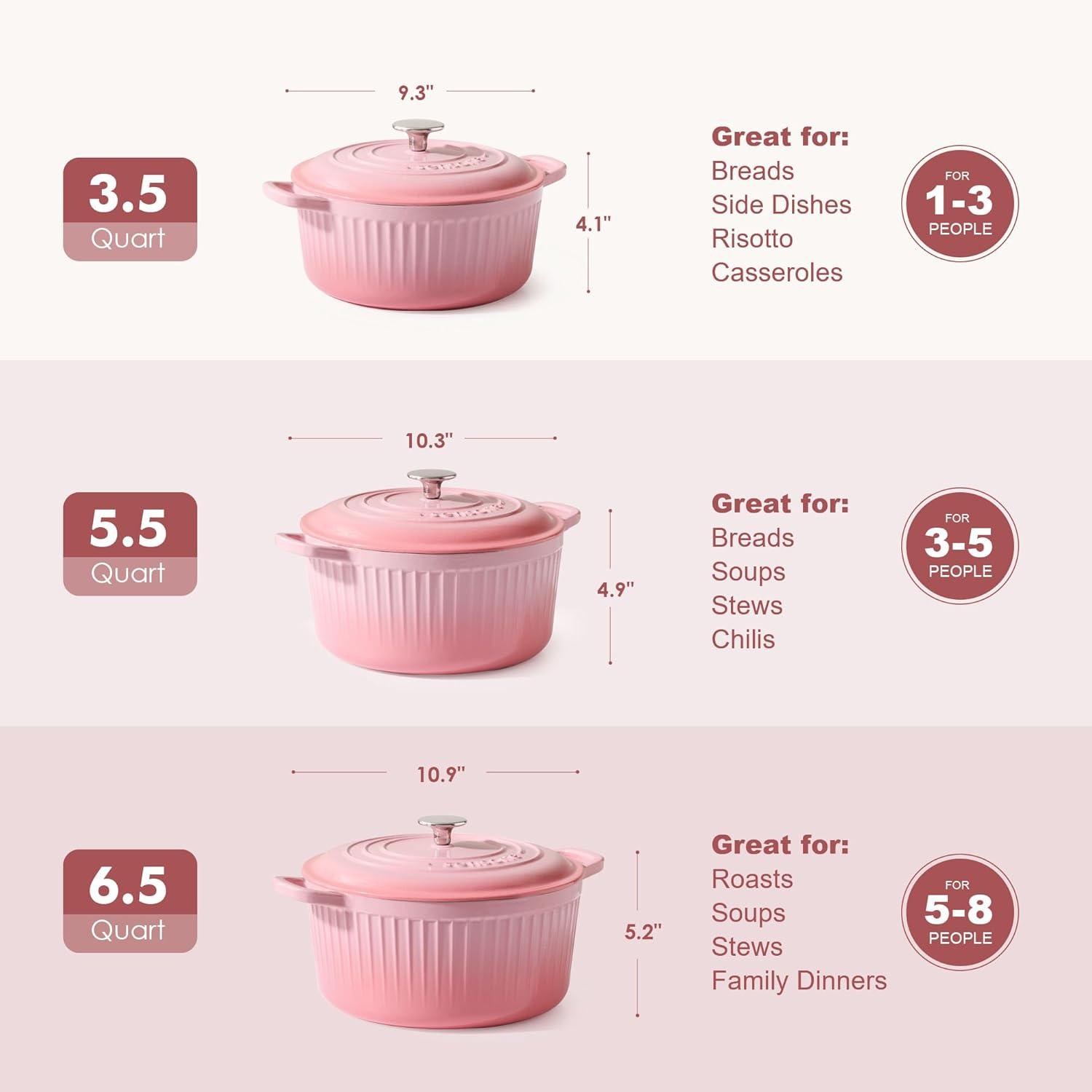 imageSENSARTE Enameled Cast Iron Dutch Oven Pot with Lid 35 Quart HeavyDuty Round Dual Handles Kitchen Pot with Cotton Potholders amp Silicone Trivet Pot for Bread Baking Stews Braising Roasting Oven Safe up to 500F WhiteCoral Pink