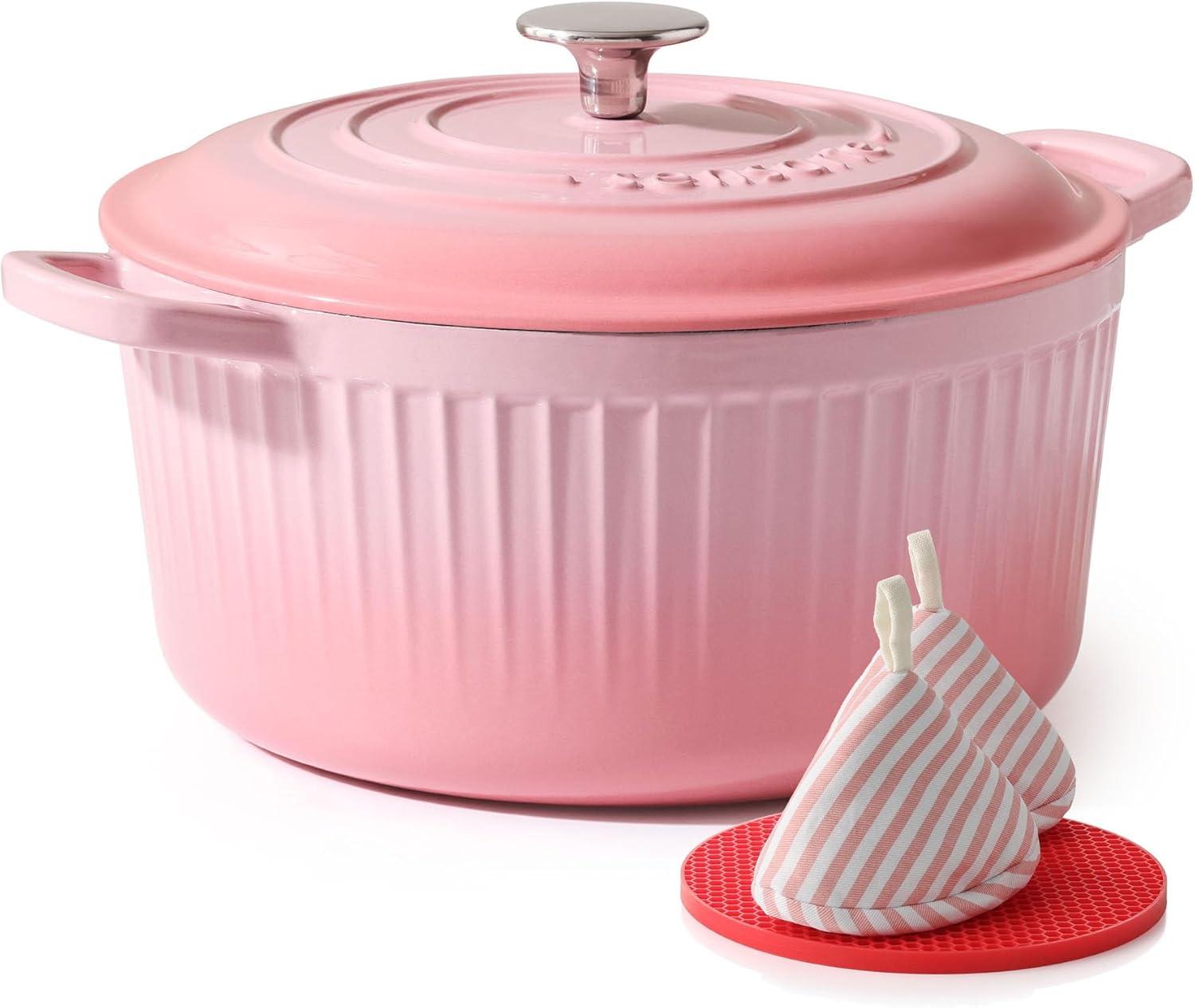 imageSENSARTE Enameled Cast Iron Dutch Oven Pot with Lid 35 Quart HeavyDuty Round Dual Handles Kitchen Pot with Cotton Potholders amp Silicone Trivet Pot for Bread Baking Stews Braising Roasting Oven Safe up to 500F WhiteCoral Pink