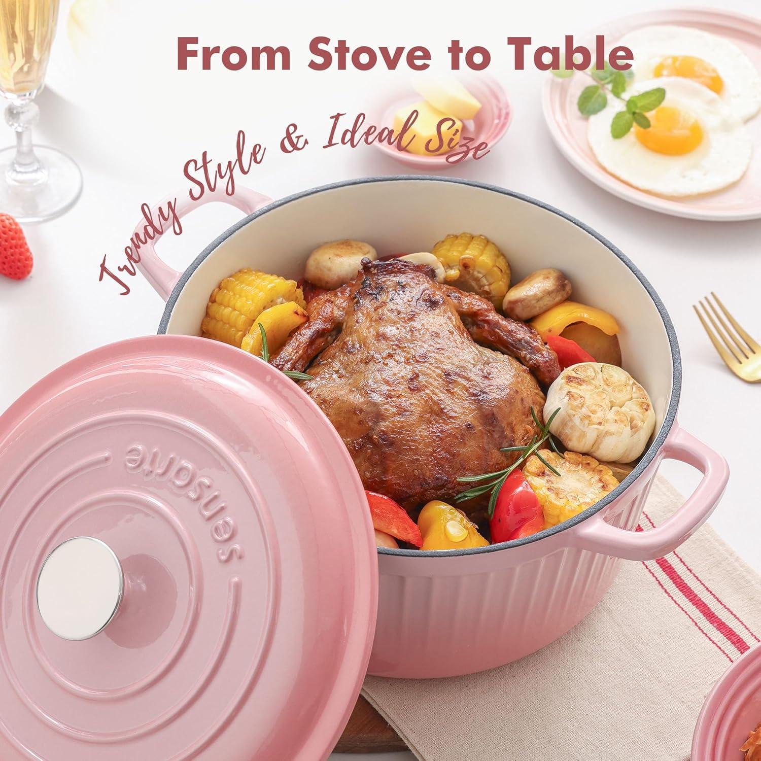imageSENSARTE Enameled Cast Iron Dutch Oven Pot with Lid 35 Quart HeavyDuty Round Dual Handles Kitchen Pot with Cotton Potholders amp Silicone Trivet Pot for Bread Baking Stews Braising Roasting Oven Safe up to 500F WhiteCoral Pink