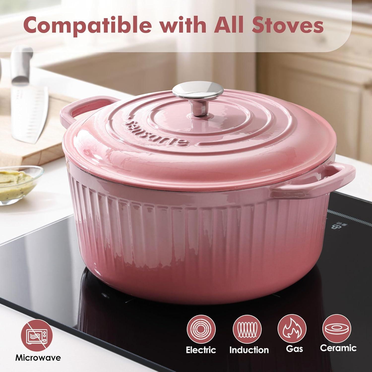 imageSENSARTE Enameled Cast Iron Dutch Oven Pot with Lid 35 Quart HeavyDuty Round Dual Handles Kitchen Pot with Cotton Potholders amp Silicone Trivet Pot for Bread Baking Stews Braising Roasting Oven Safe up to 500F WhiteCoral Pink