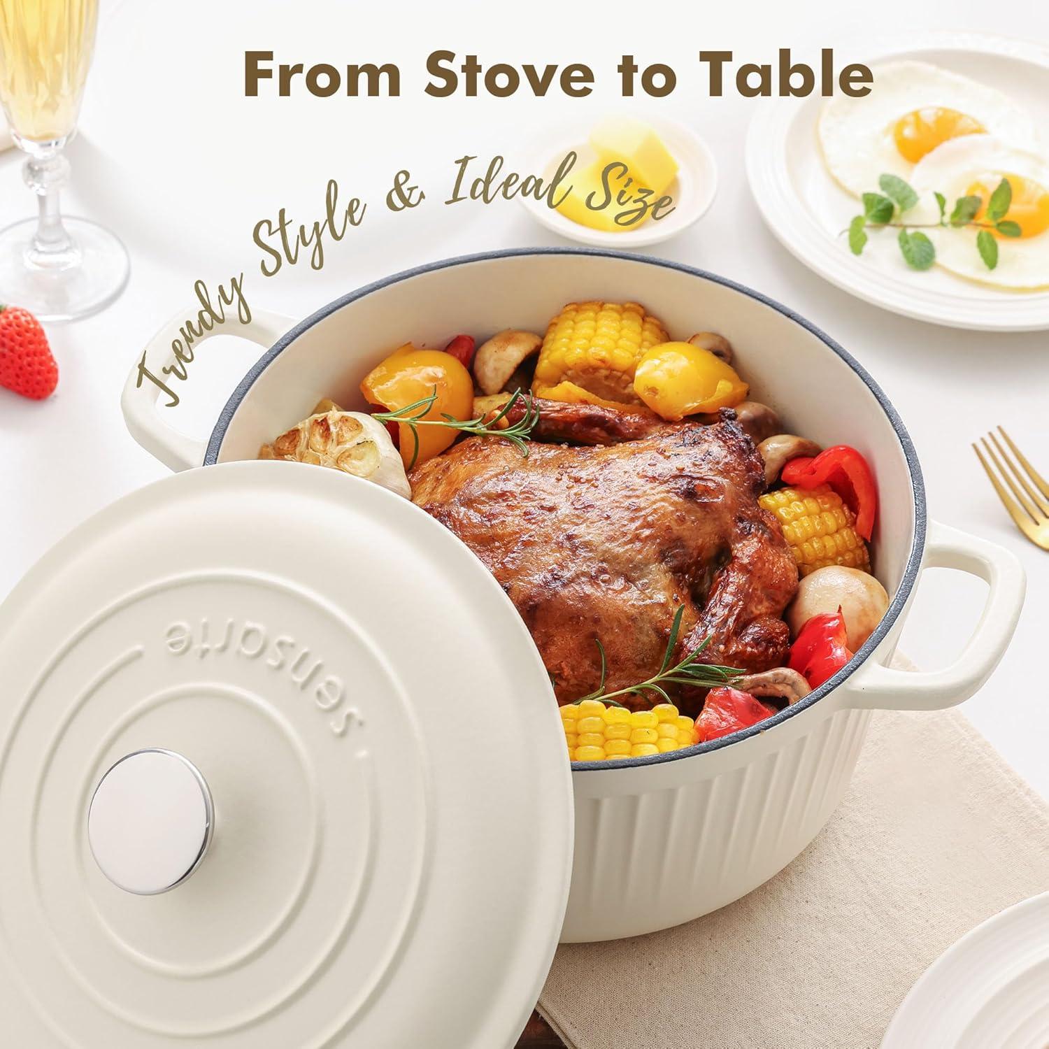 imageSENSARTE Enameled Cast Iron Dutch Oven Pot with Lid 35 Quart HeavyDuty Round Dual Handles Kitchen Pot with Cotton Potholders amp Silicone Trivet Pot for Bread Baking Stews Braising Roasting Oven Safe up to 500F WhiteMoonlight White