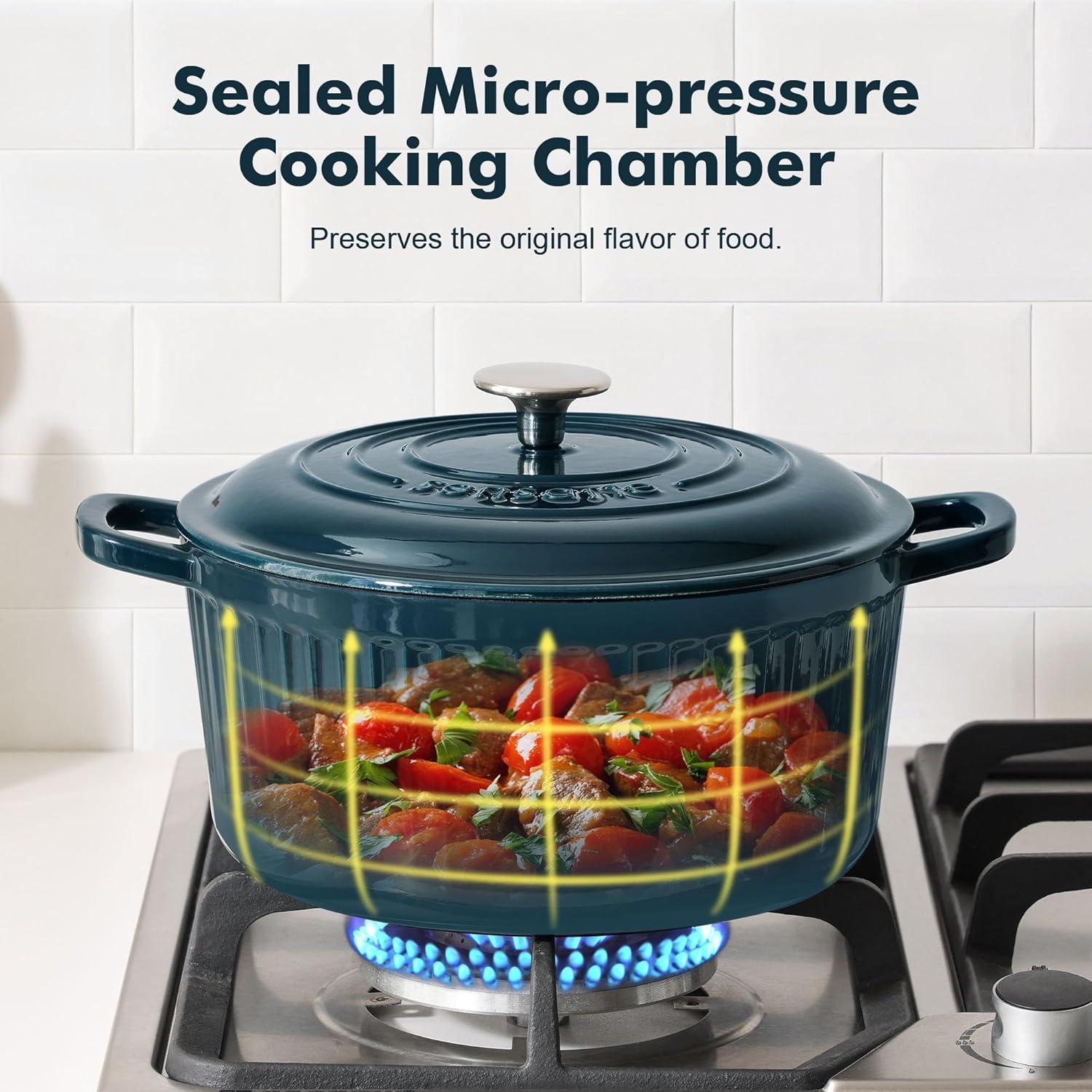 imageSENSARTE Enameled Cast Iron Dutch Oven Pot with Lid 35 Quart HeavyDuty Round Dual Handles Kitchen Pot with Cotton Potholders amp Silicone Trivet Pot for Bread Baking Stews Braising Roasting Oven Safe up to 500F WhiteEmerald Green