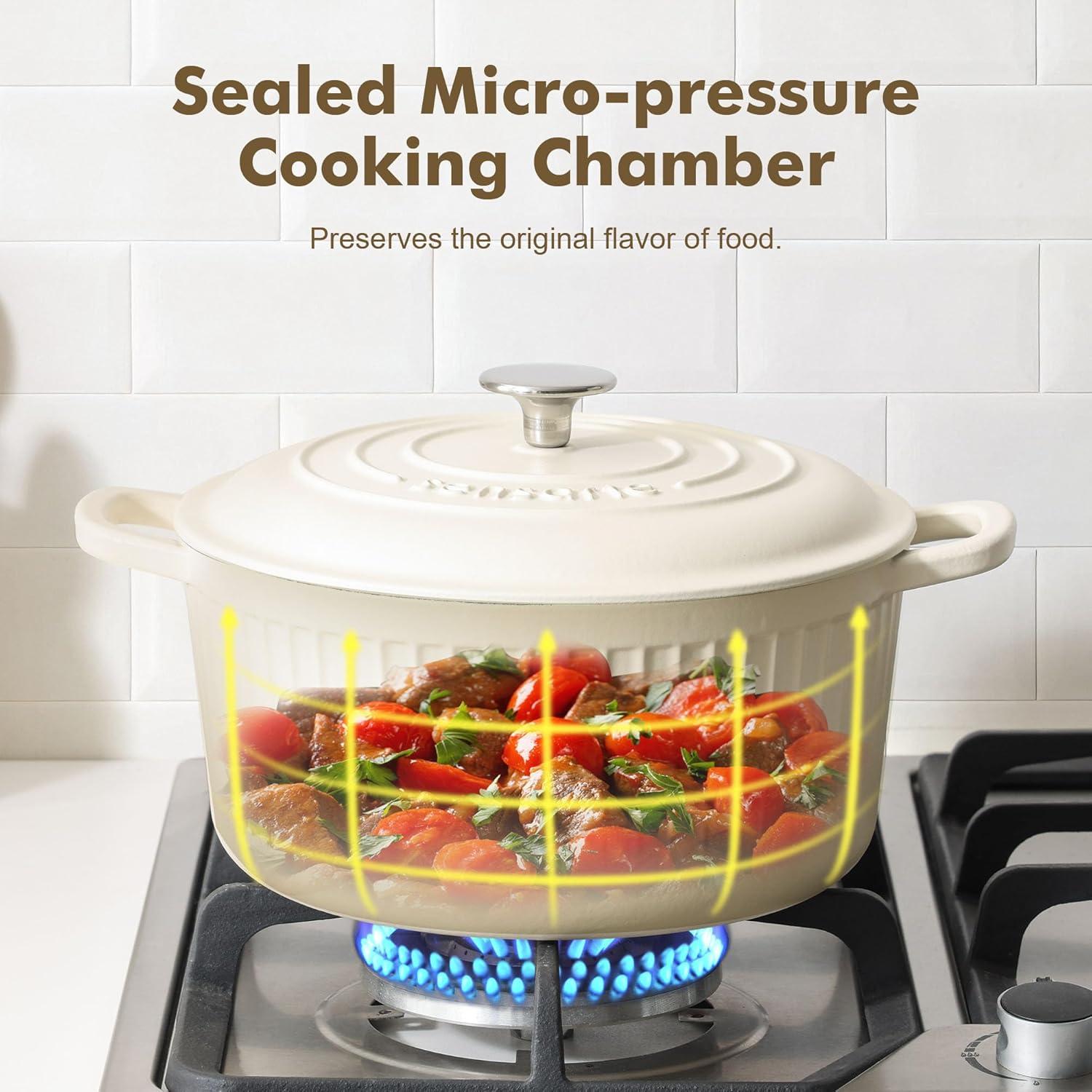 imageSENSARTE Enameled Cast Iron Dutch Oven Pot with Lid 35 Quart HeavyDuty Round Dual Handles Kitchen Pot with Cotton Potholders amp Silicone Trivet Pot for Bread Baking Stews Braising Roasting Oven Safe up to 500F WhiteMoonlight White
