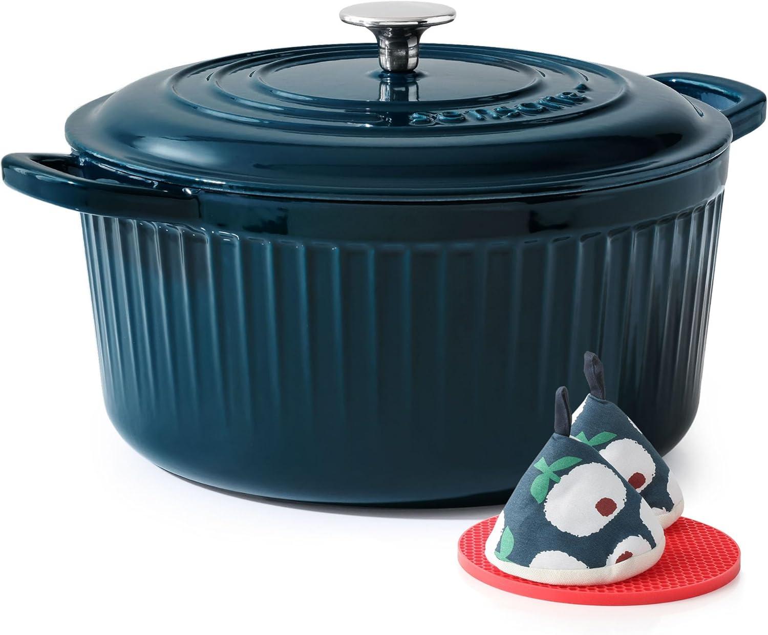 imageSENSARTE Enameled Cast Iron Dutch Oven Pot with Lid 35 Quart HeavyDuty Round Dual Handles Kitchen Pot with Cotton Potholders amp Silicone Trivet Pot for Bread Baking Stews Braising Roasting Oven Safe up to 500F WhiteEmerald Green