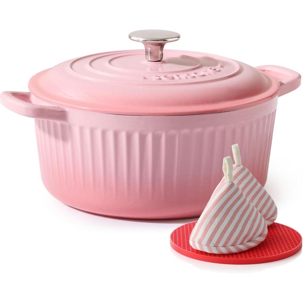 imageSENSARTE Enameled Cast Iron Dutch Oven Pot with Lid 35 Quart HeavyDuty Round Dual Handles Kitchen Pot with Cotton Potholders amp Silicone Trivet Pot for Bread Baking Stews Braising Roasting Oven Safe up to 500F WhiteCoral Pink
