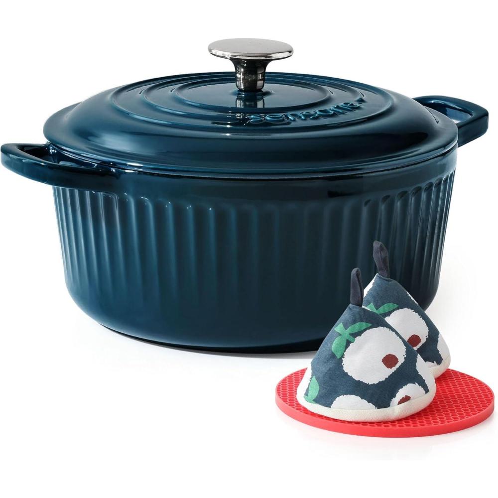 imageSENSARTE Enameled Cast Iron Dutch Oven Pot with Lid 35 Quart HeavyDuty Round Dual Handles Kitchen Pot with Cotton Potholders amp Silicone Trivet Pot for Bread Baking Stews Braising Roasting Oven Safe up to 500F WhiteEmerald Green