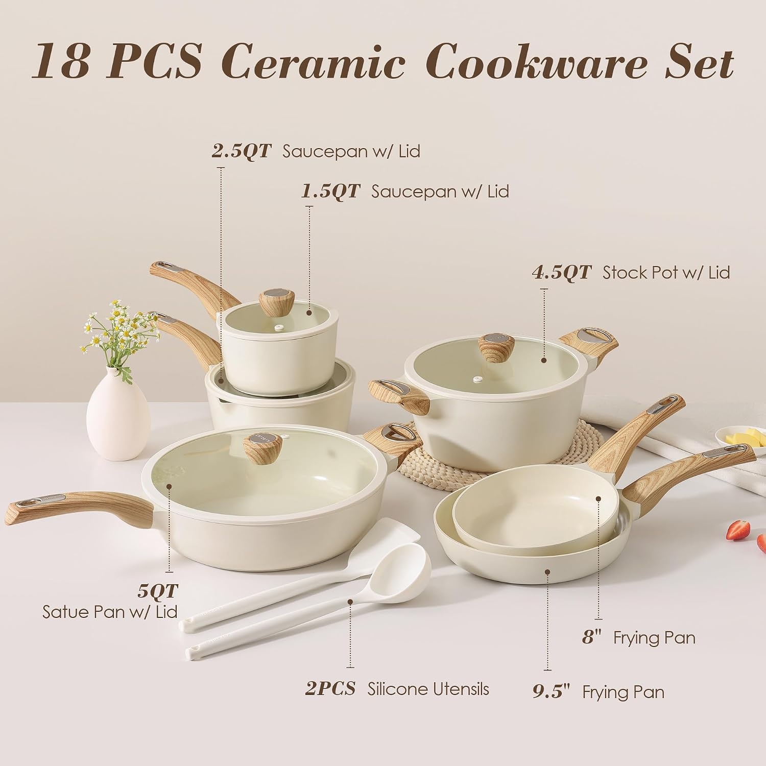 image:imageSENSARTE Pots and Pans Set Non stick Non toxic Healthy Induction Cookware Sets 18 Pcs Non Stick Kitchen Cooking Set with Frying Pans Set amp Saucepan PFOA PFOS Free BlackCeramic White