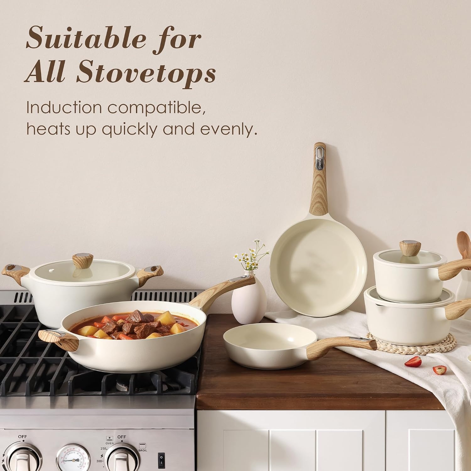image:imageSENSARTE Pots and Pans Set Non stick Non toxic Healthy Induction Cookware Sets 18 Pcs Non Stick Kitchen Cooking Set with Frying Pans Set amp Saucepan PFOA PFOS Free BlackCeramic White