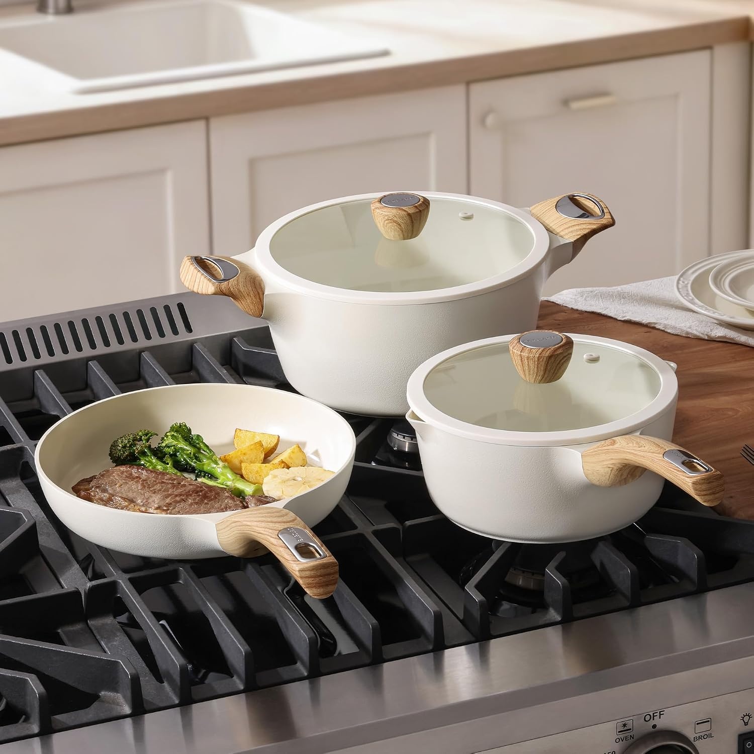 image:imageSENSARTE Pots and Pans Set Non stick Non toxic Healthy Induction Cookware Sets 18 Pcs Non Stick Kitchen Cooking Set with Frying Pans Set amp Saucepan PFOA PFOS Free BlackCeramic White