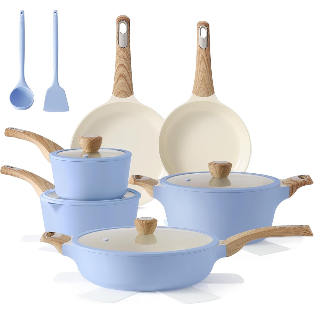 image:imageSENSARTE Pots and Pans Set Non stick Non toxic Healthy Induction Cookware Sets 18 Pcs Non Stick Kitchen Cooking Set with Frying Pans Set amp Saucepan PFOA PFOS Free BlackCeramic Blue