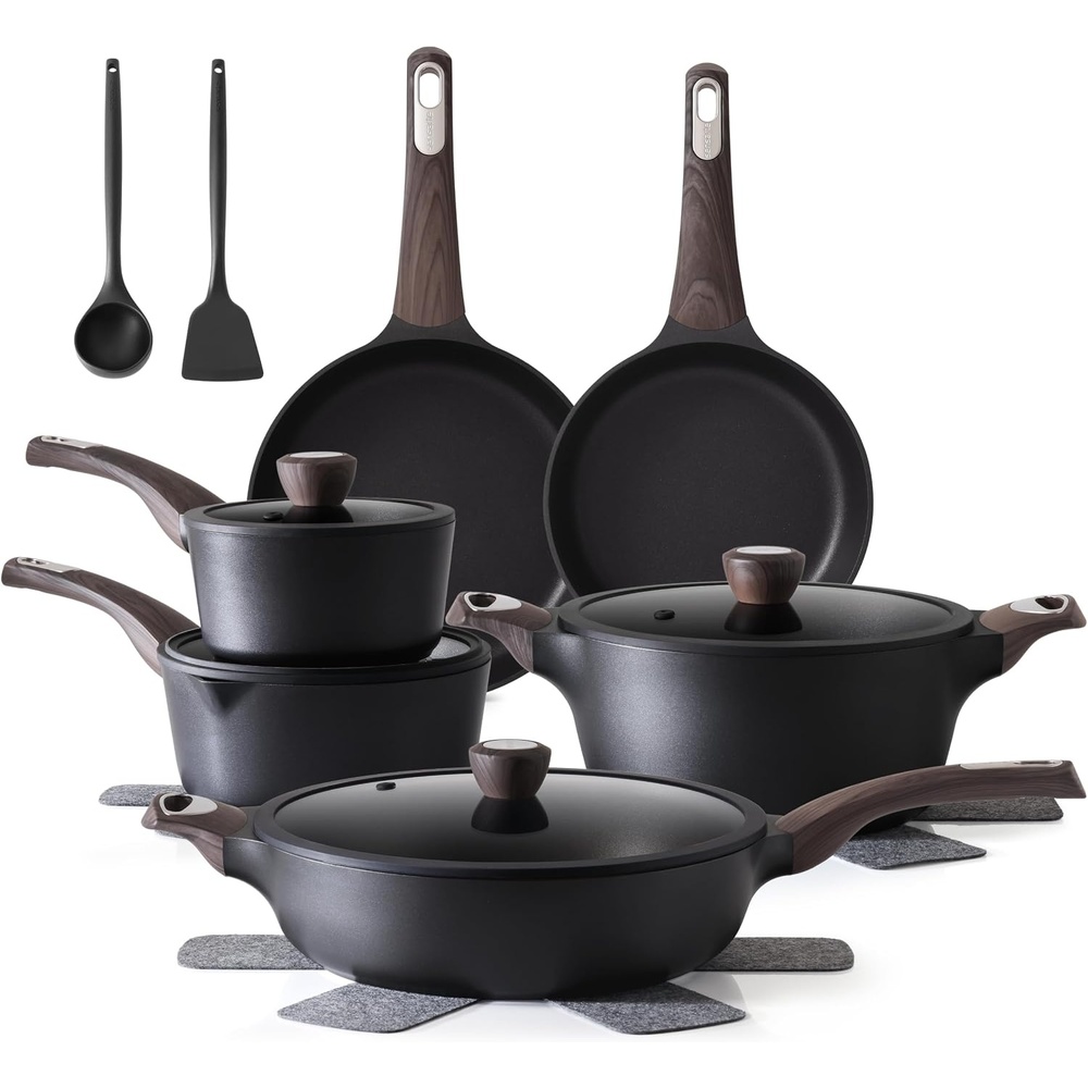 image:imageSENSARTE Pots and Pans Set Non stick Non toxic Healthy Induction Cookware Sets 18 Pcs Non Stick Kitchen Cooking Set with Frying Pans Set amp Saucepan PFOA PFOS Free BlackClassic Black