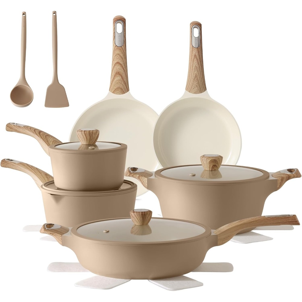 image:imageSENSARTE Pots and Pans Set Non stick Non toxic Healthy Induction Cookware Sets 18 Pcs Non Stick Kitchen Cooking Set with Frying Pans Set amp Saucepan PFOA PFOS Free BlackCeramic Taupe